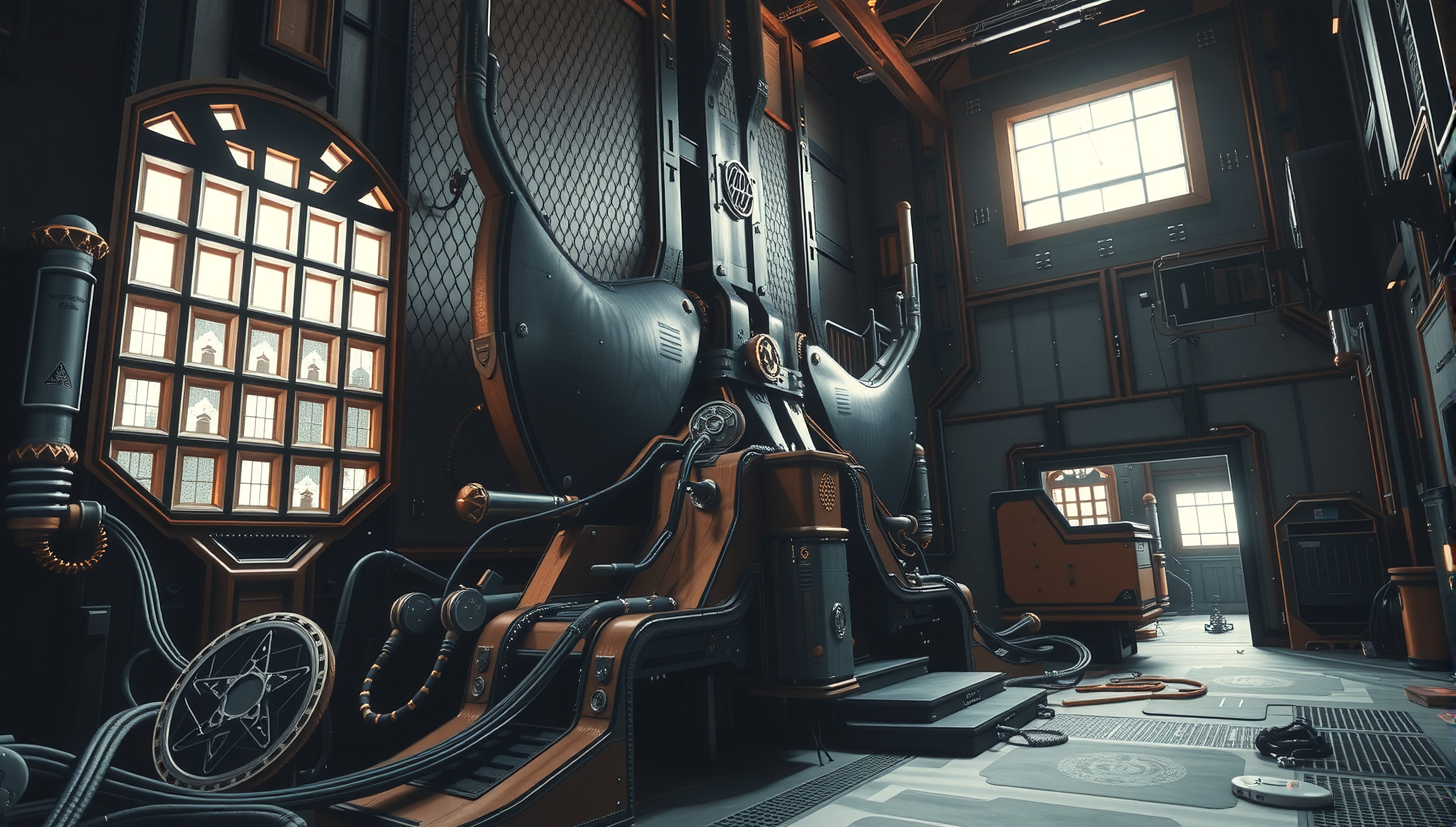 Steampunk Industrial Interior with Intricate Mechanical Machinery