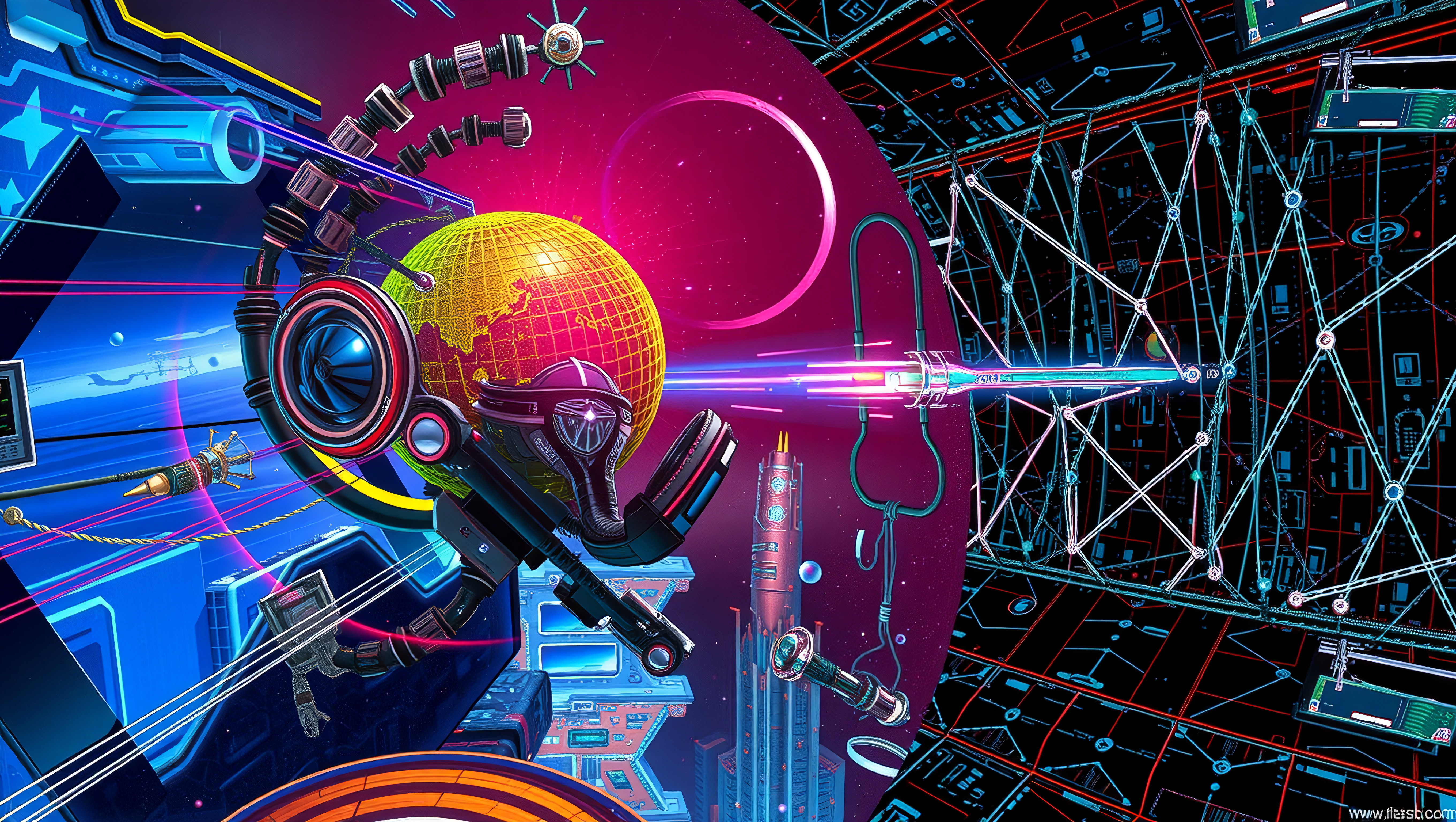 Futuristic Techscape with Global Network and Neon Elements