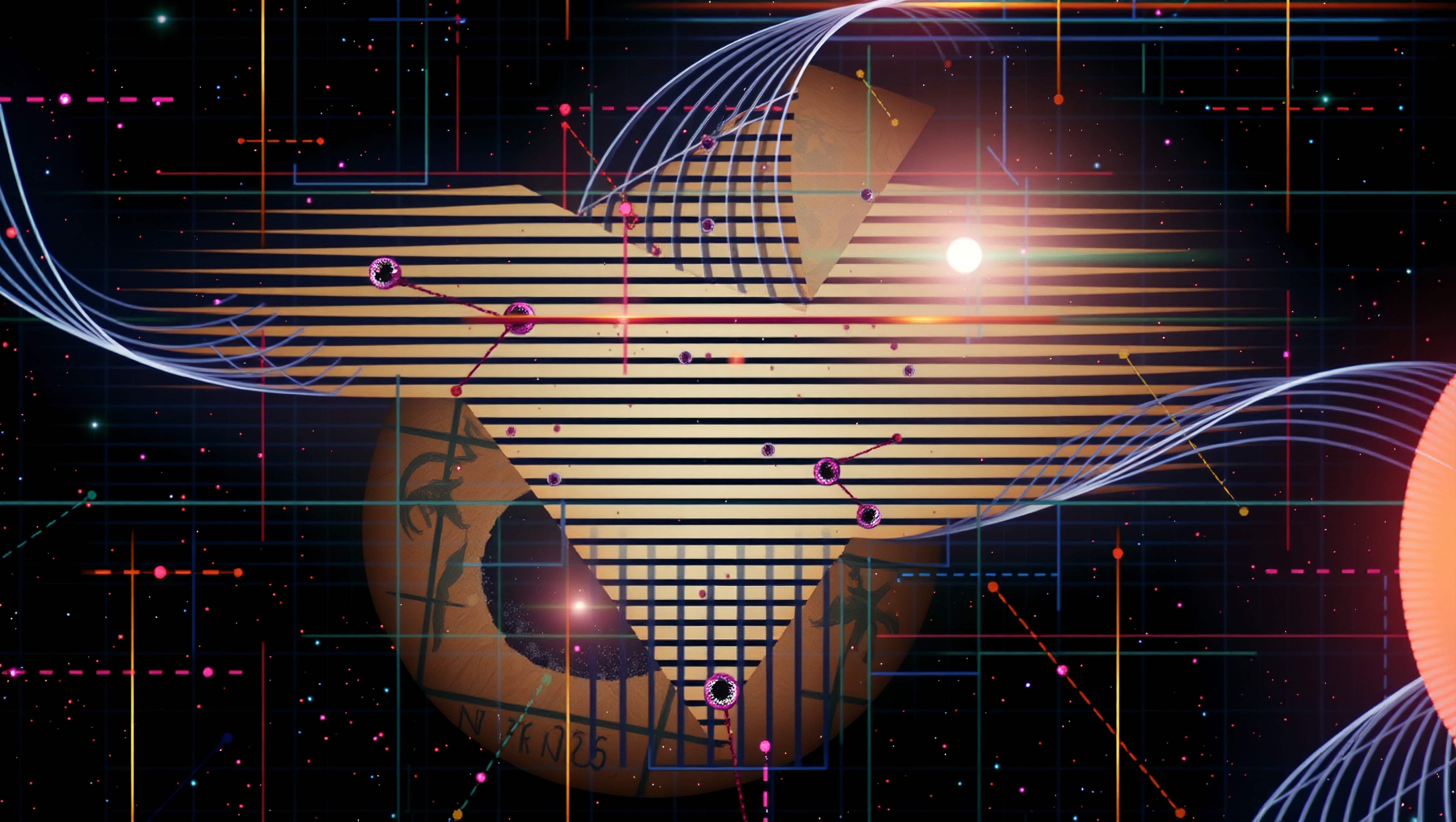 Geometric Digital Abstract with Vibrant Grid and Celestial Elements