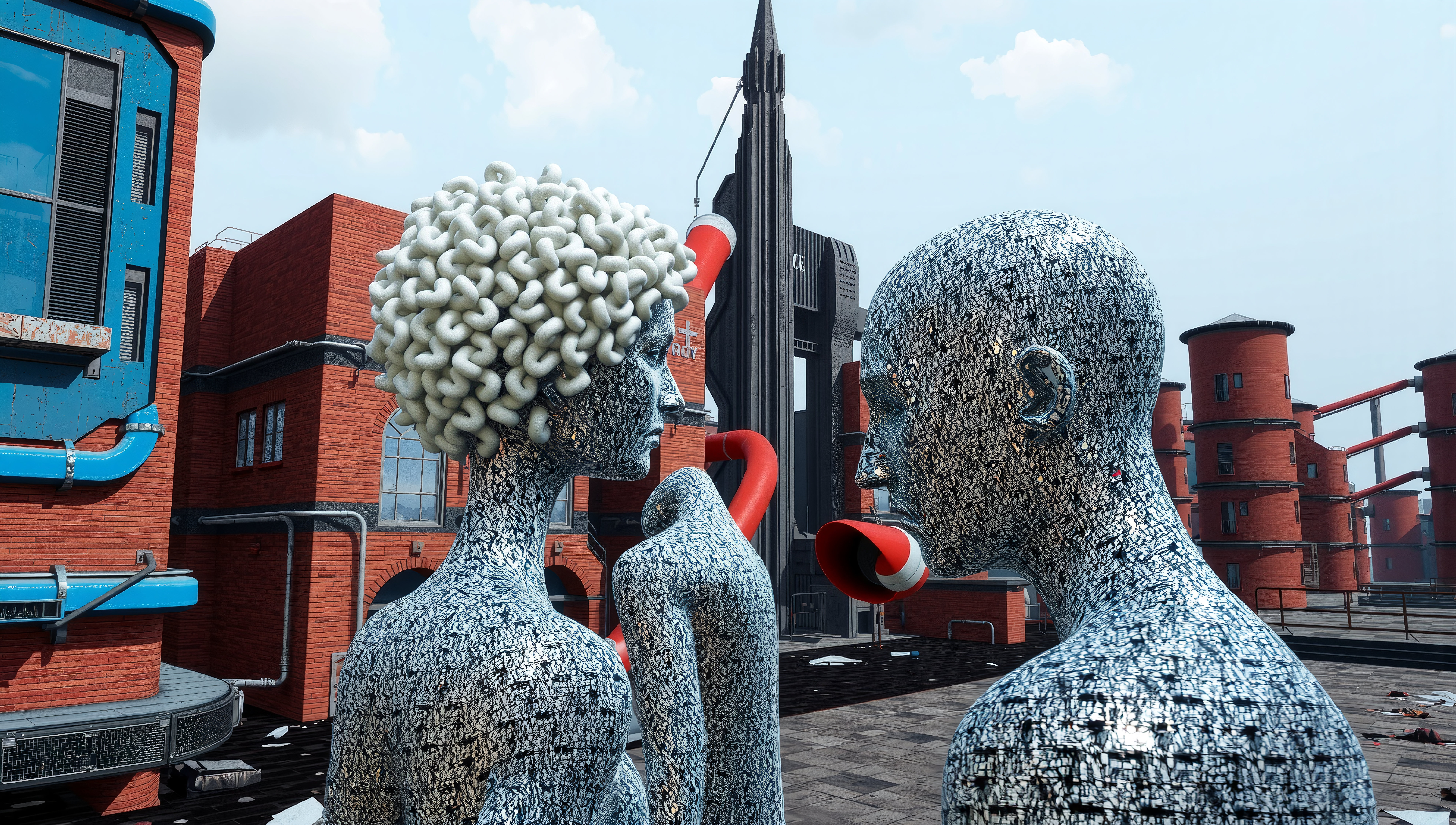 Abstract Human Figures with Macaroni Hair and Fragmented Textures in Urban Setting