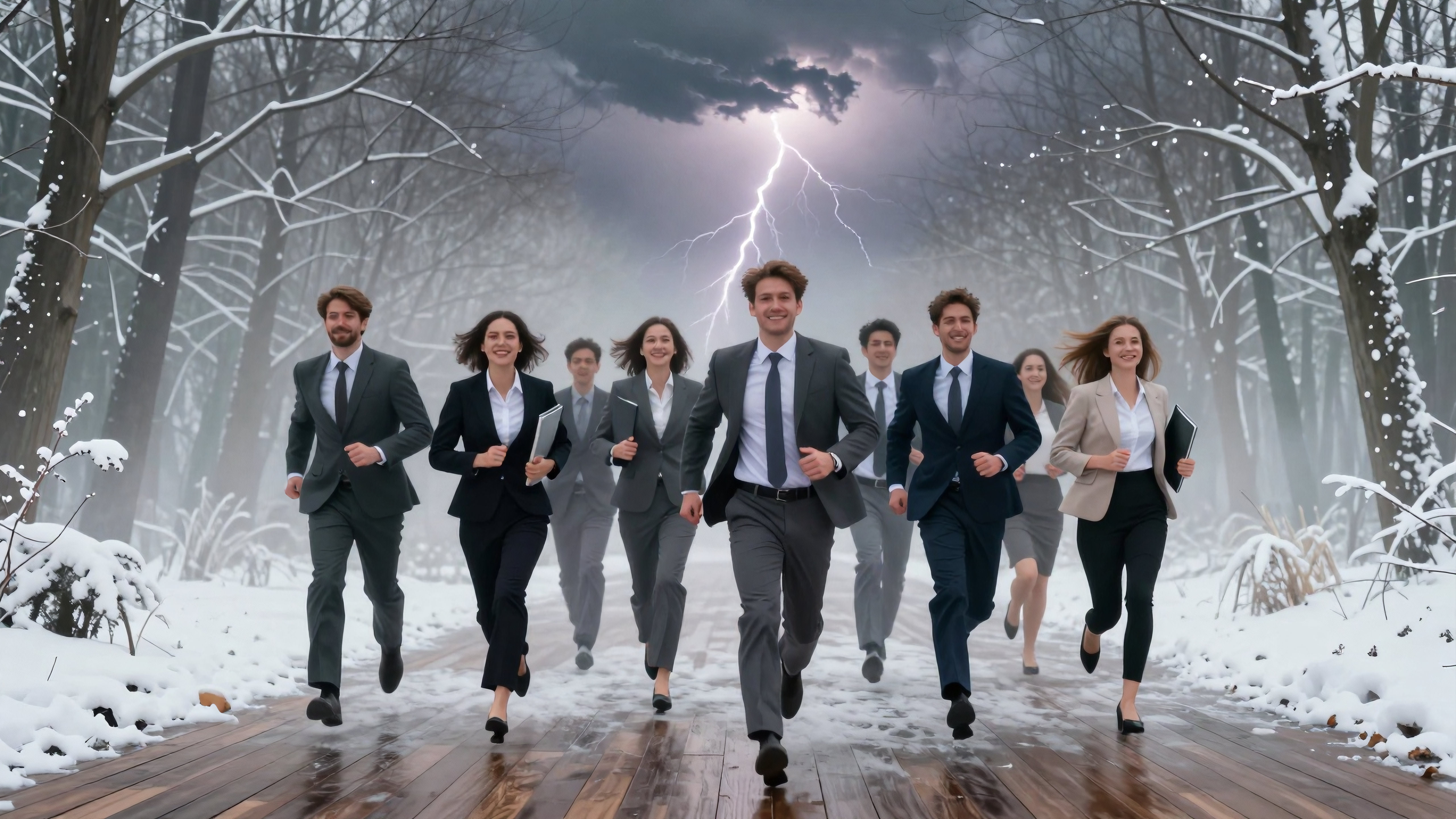 Business Professionals Running Through Snowy Forest with Lightning Storm
