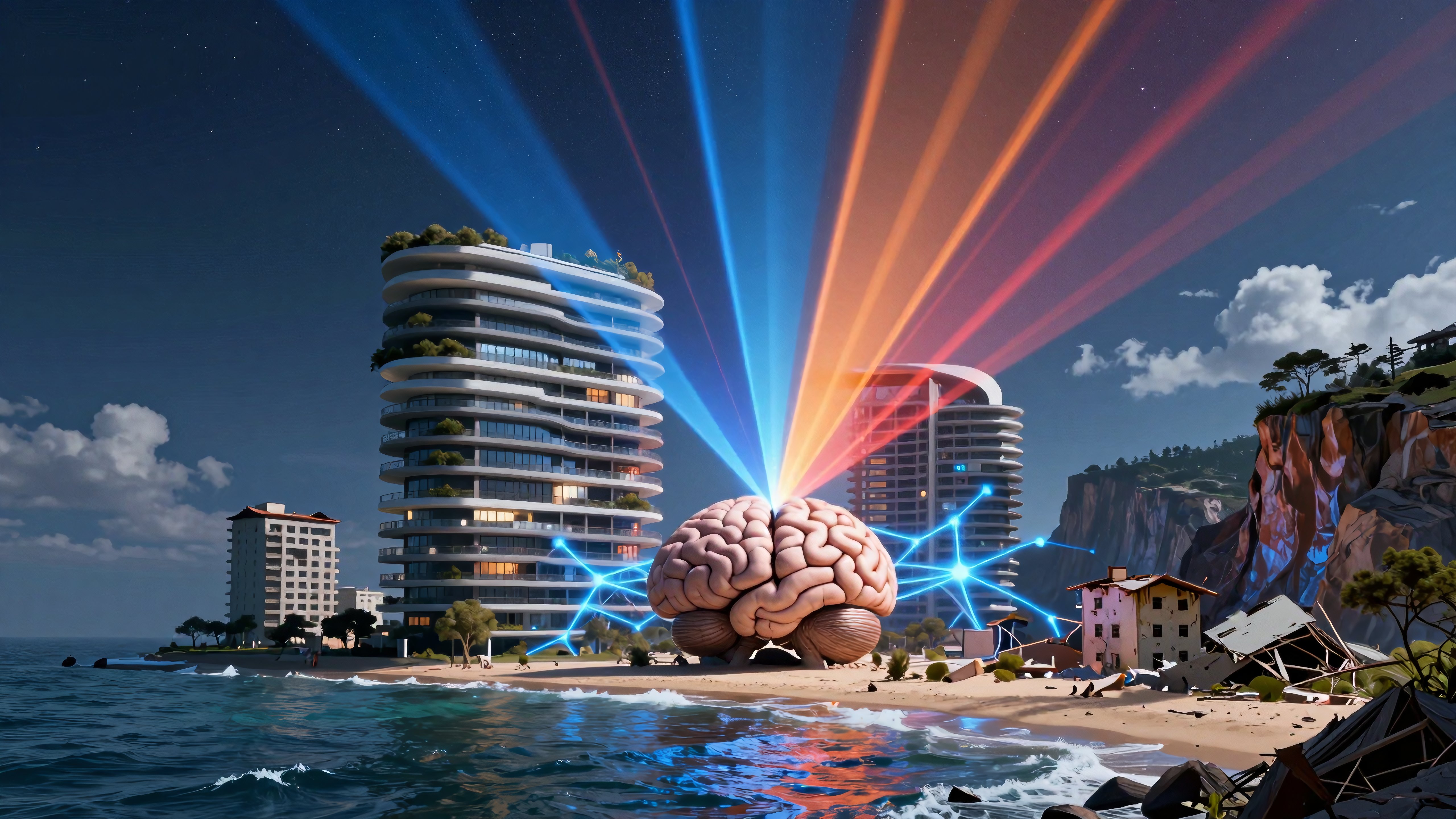 Giant Brain on Beach with Futuristic Cityscape