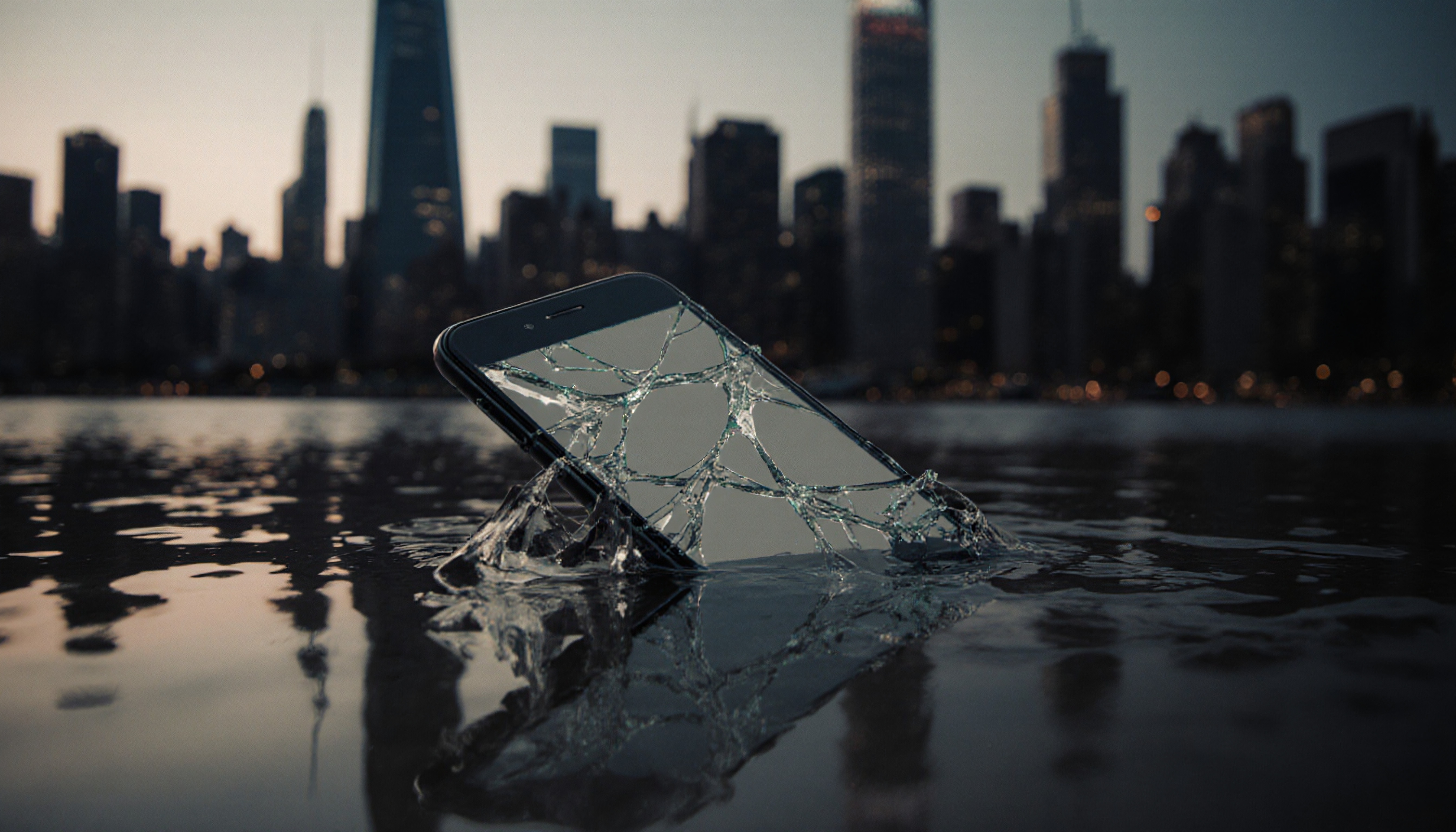 Shattered Smartphone in Urban Water Reflection