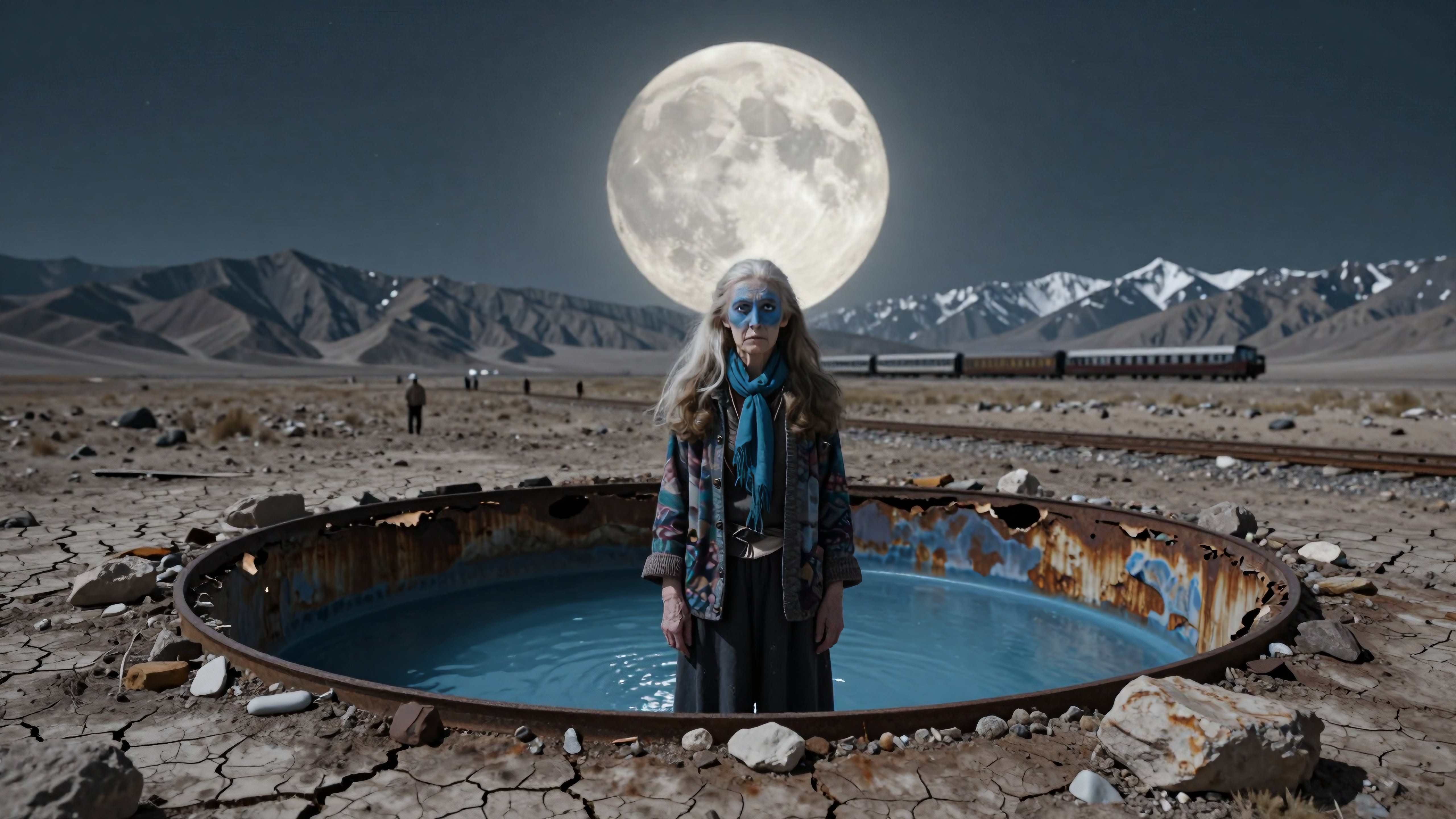 Elderly Woman with Blue Face Paint Standing in Moonlit Desert Basin