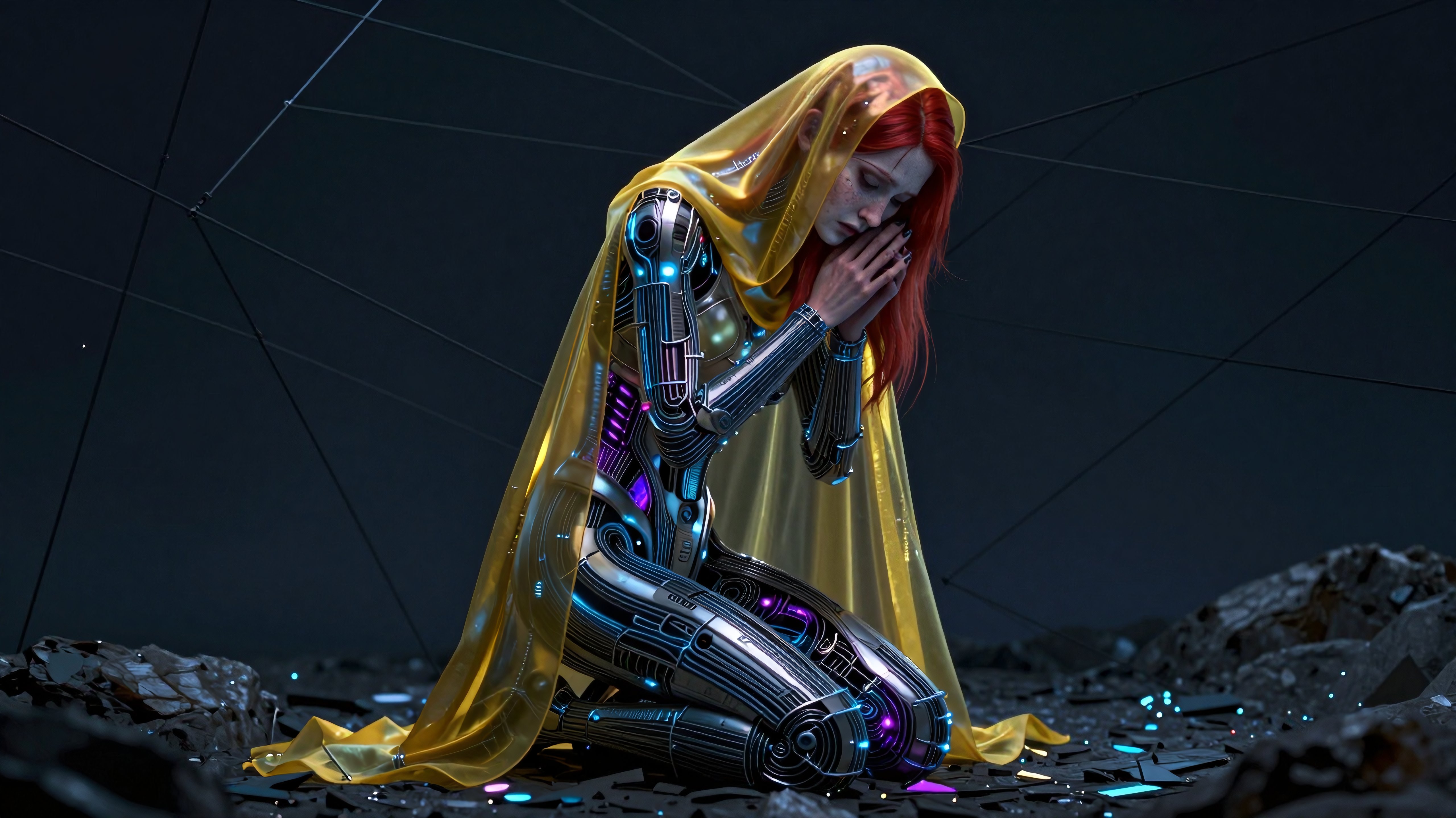 Cyborg in Golden Hood Contemplating in Dark Futuristic Landscape
