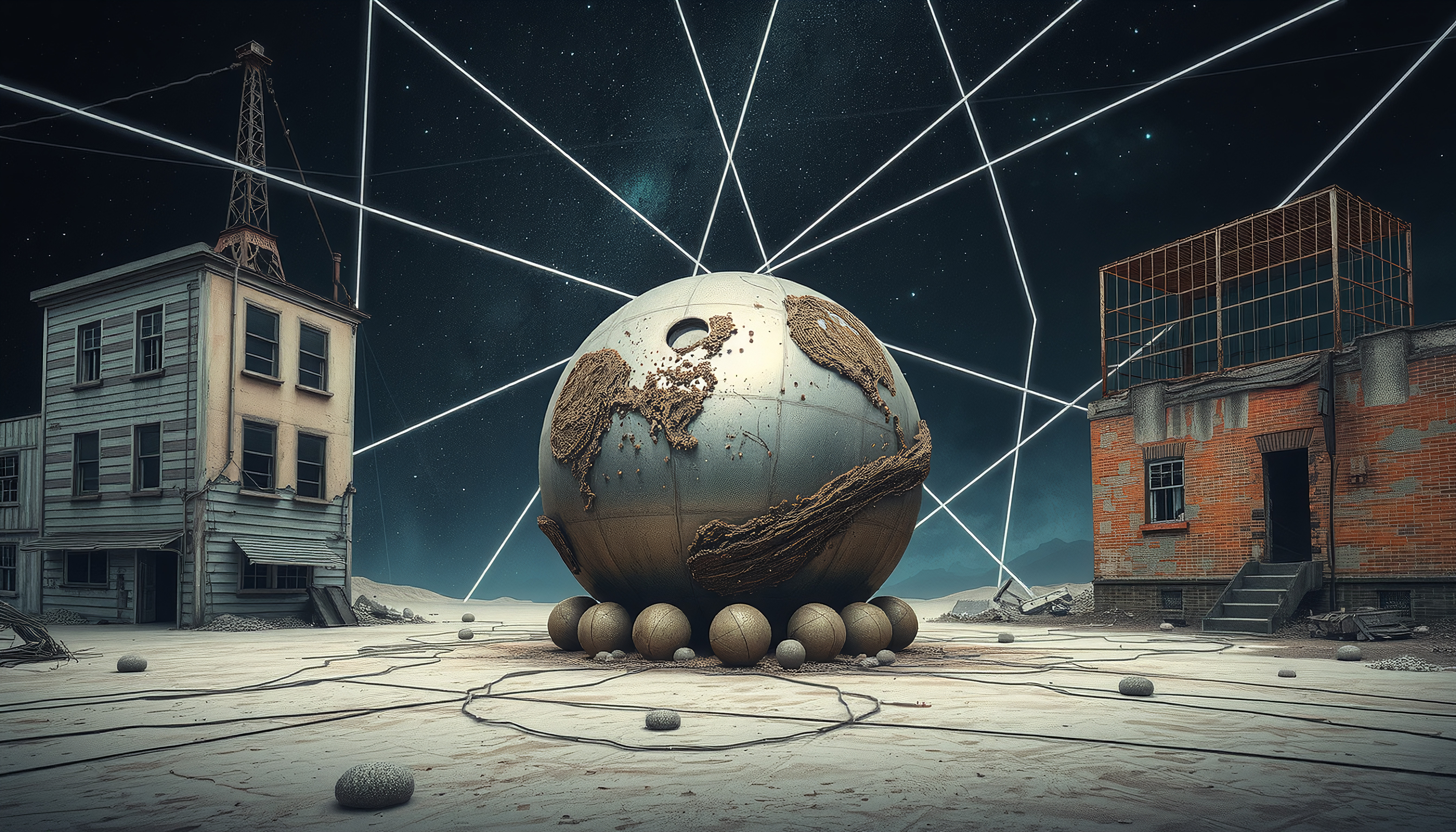 Abandoned Industrial Site with Giant Geometric Globe and Cosmic Light Rays