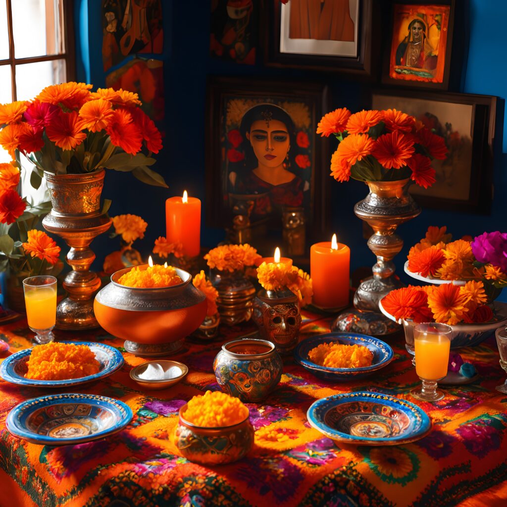Day of the Dead Altar with Marigolds and Cultural Offerings