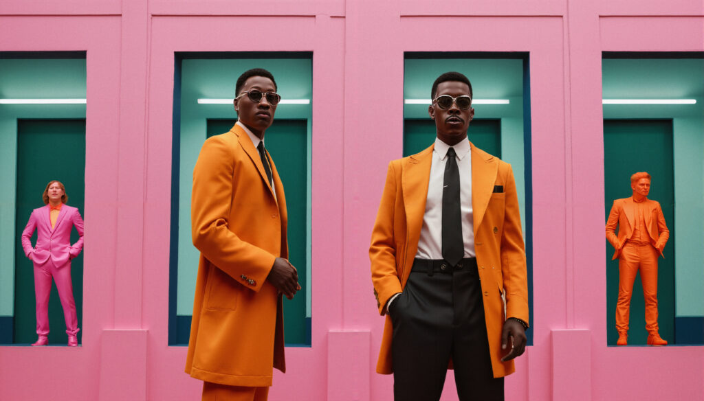 Men in Orange Suits Against Pink Wall with Mirrored Background