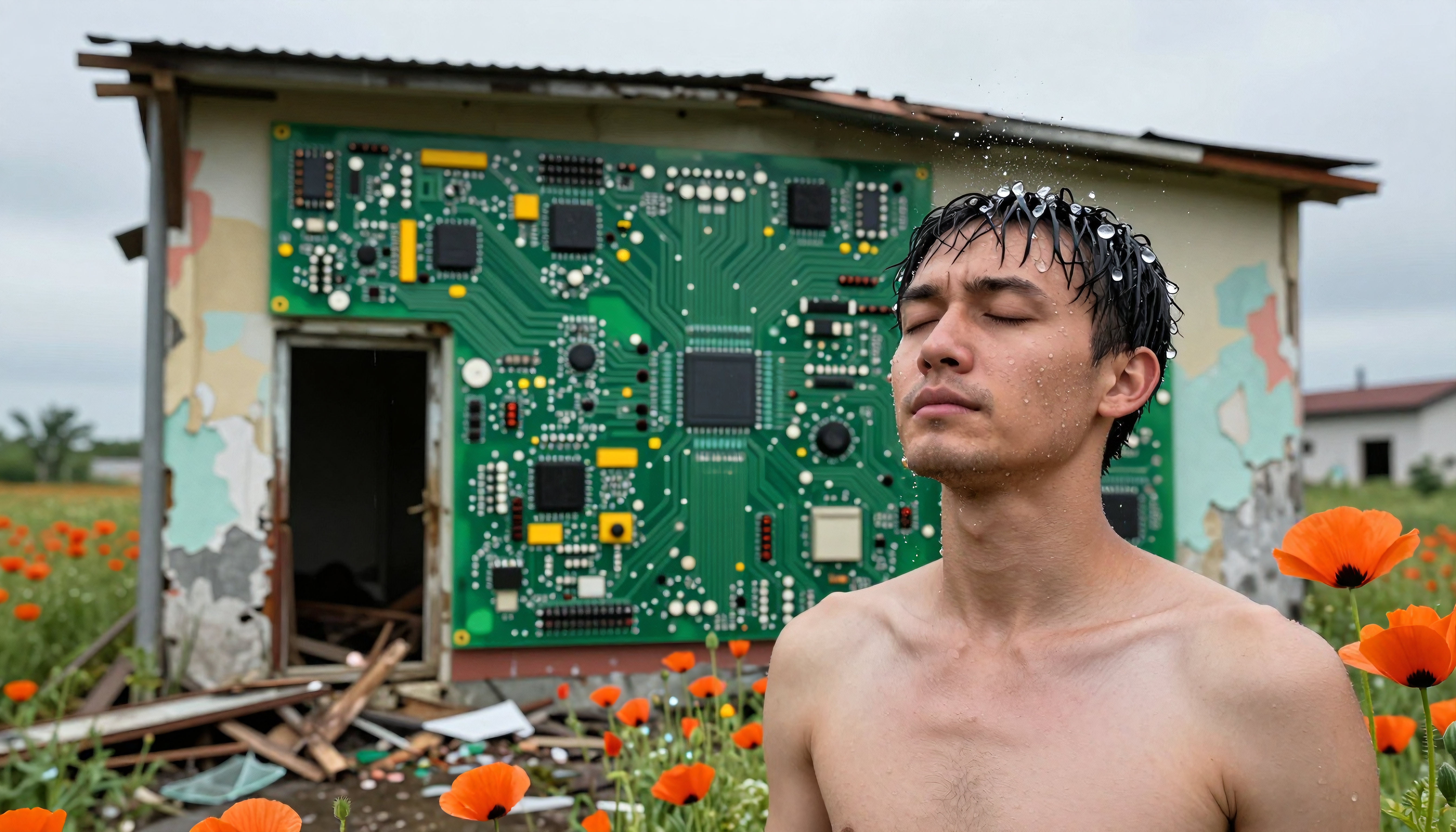 Wet Man in Front of Circuit Board Building with Poppy Field
