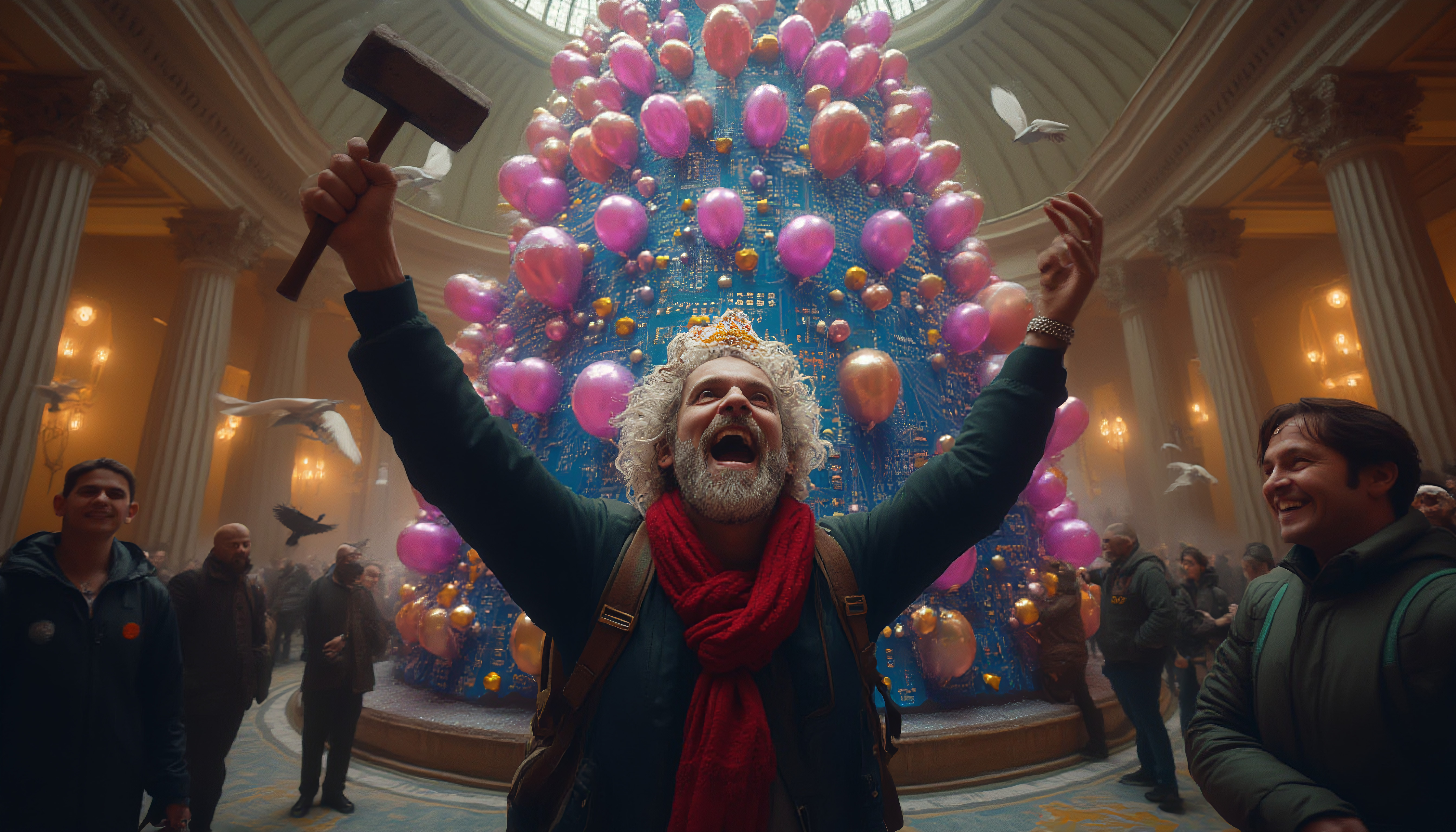 Grand Hall Celebration with Hammer and Colorful Balloon Tree