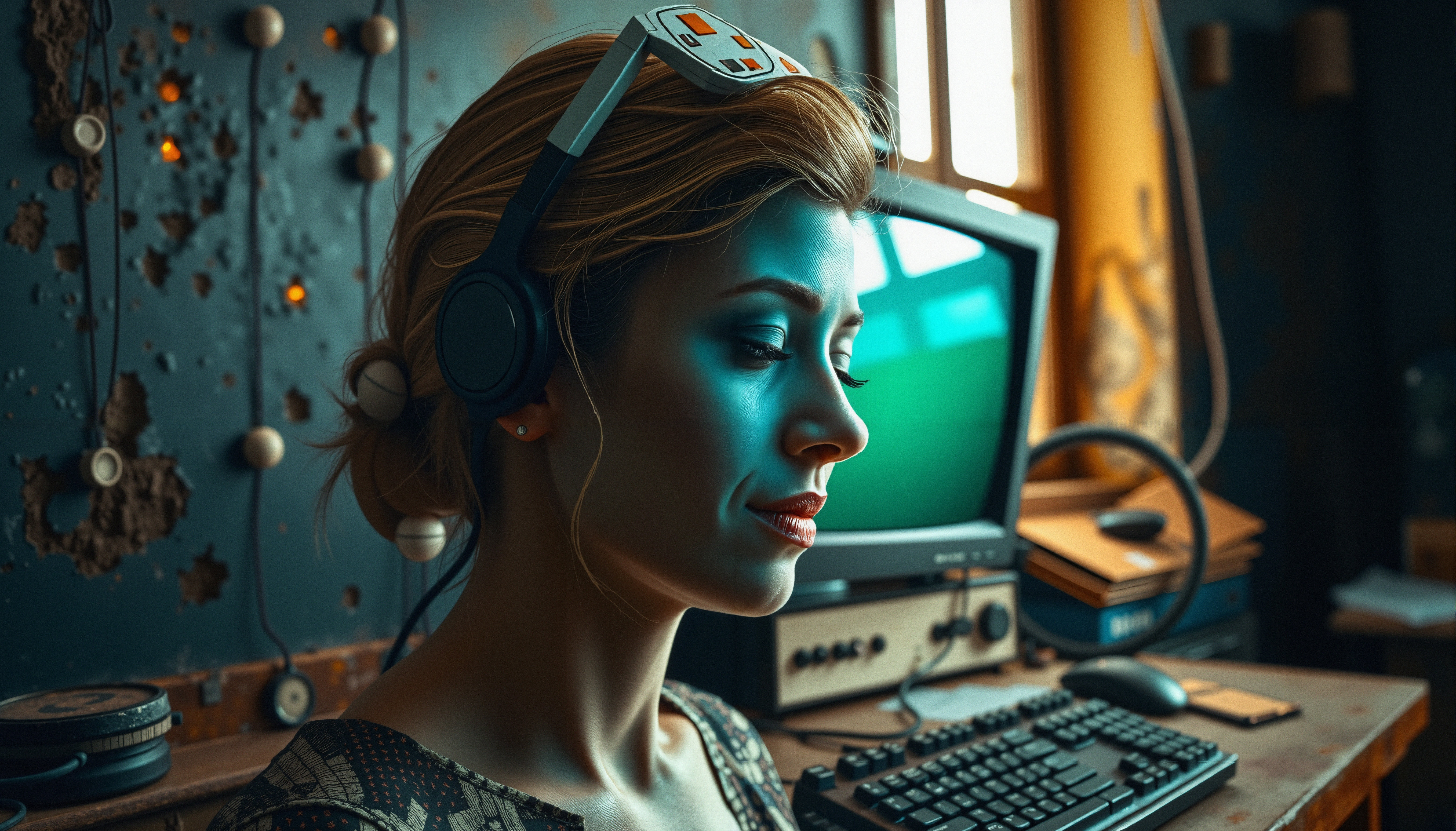 Young Woman in Virtual Reality Headset, Focused on Gaming or Technology