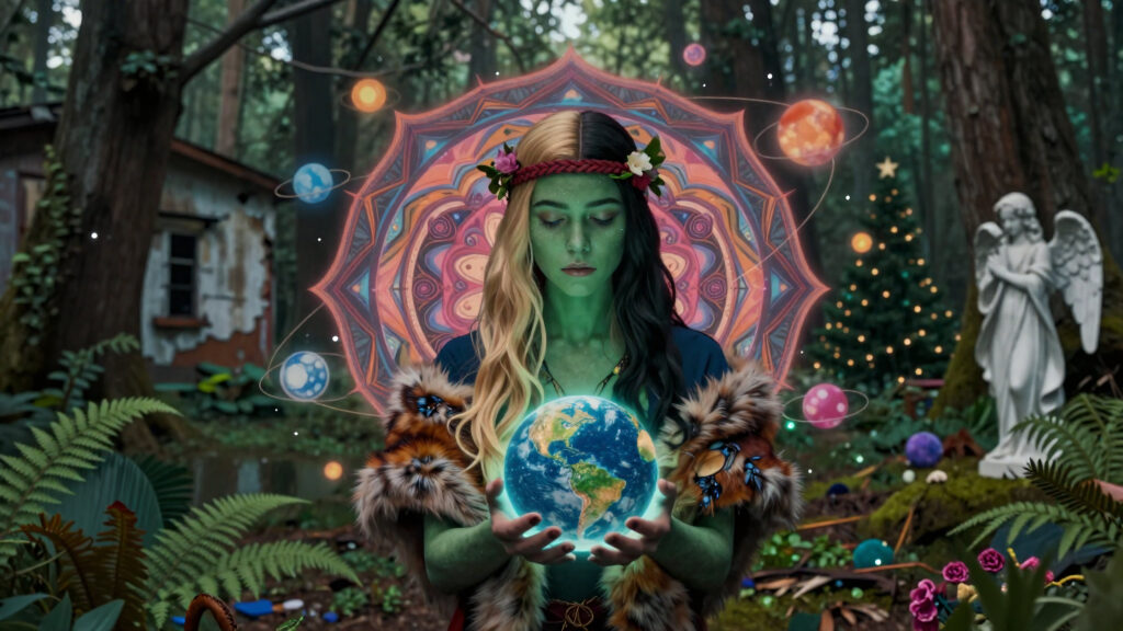 Green-skinned Earth Guardian in Enchanted Forest with Celestial Mandala