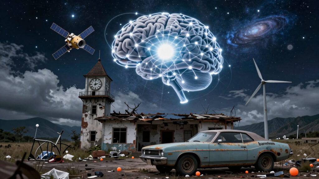 Glowing Neural Brain Over Abandoned Town with Satellite and Wind Turbine
