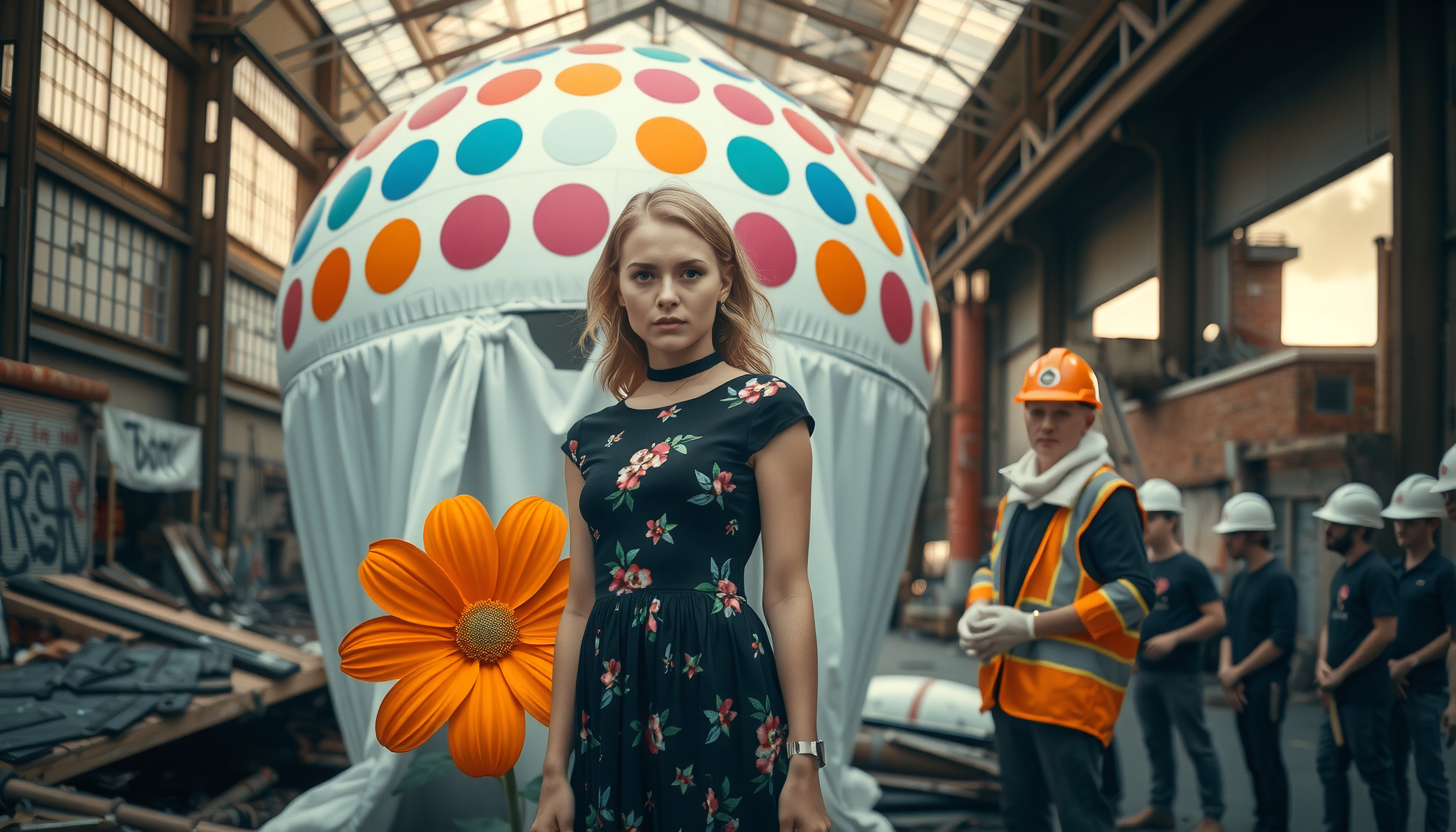 Woman in Floral Dress with Giant Flower in Industrial Warehouse