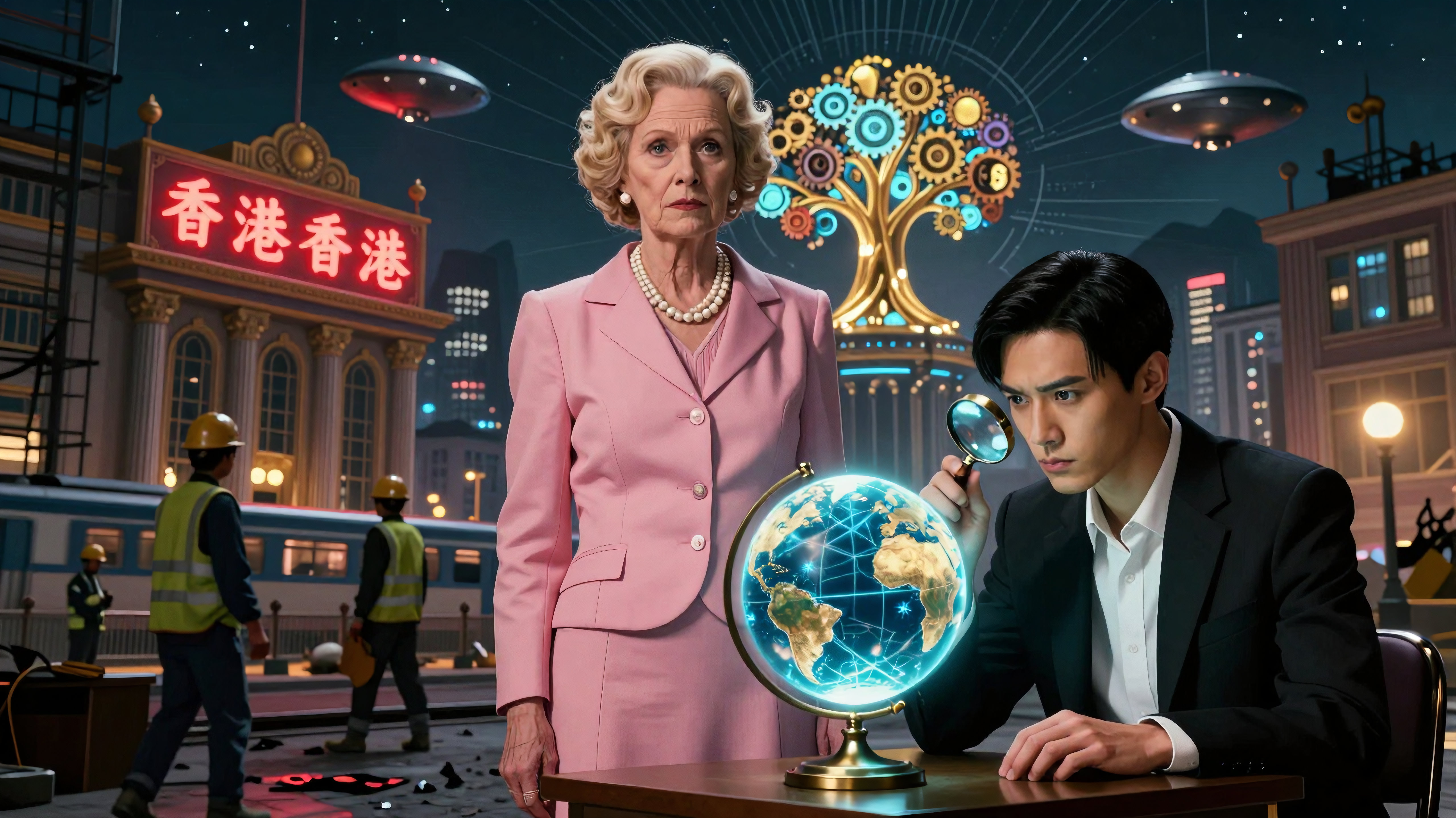 Futuristic Hong Kong Business Meeting with Globe and Steampunk Tree