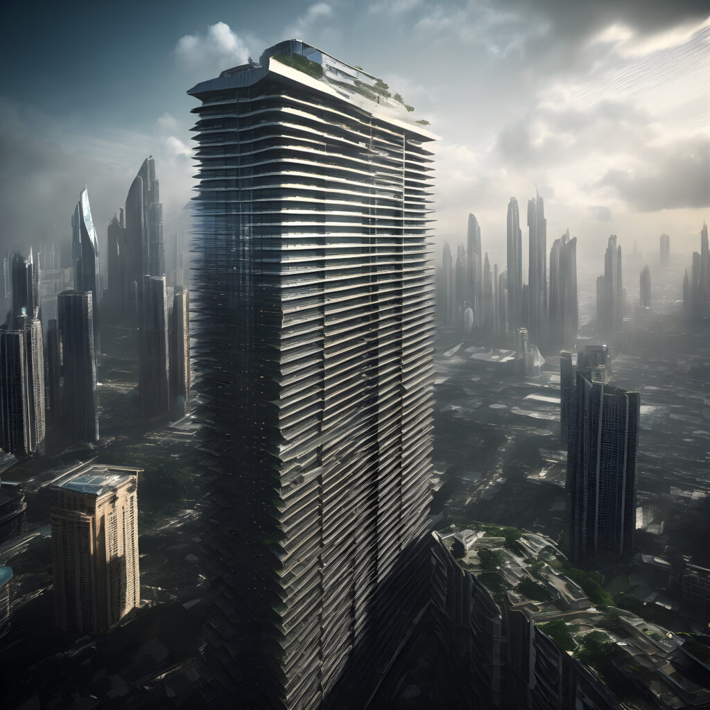 Futuristic Skyscraper with Layered Design in Modern Urban Cityscape