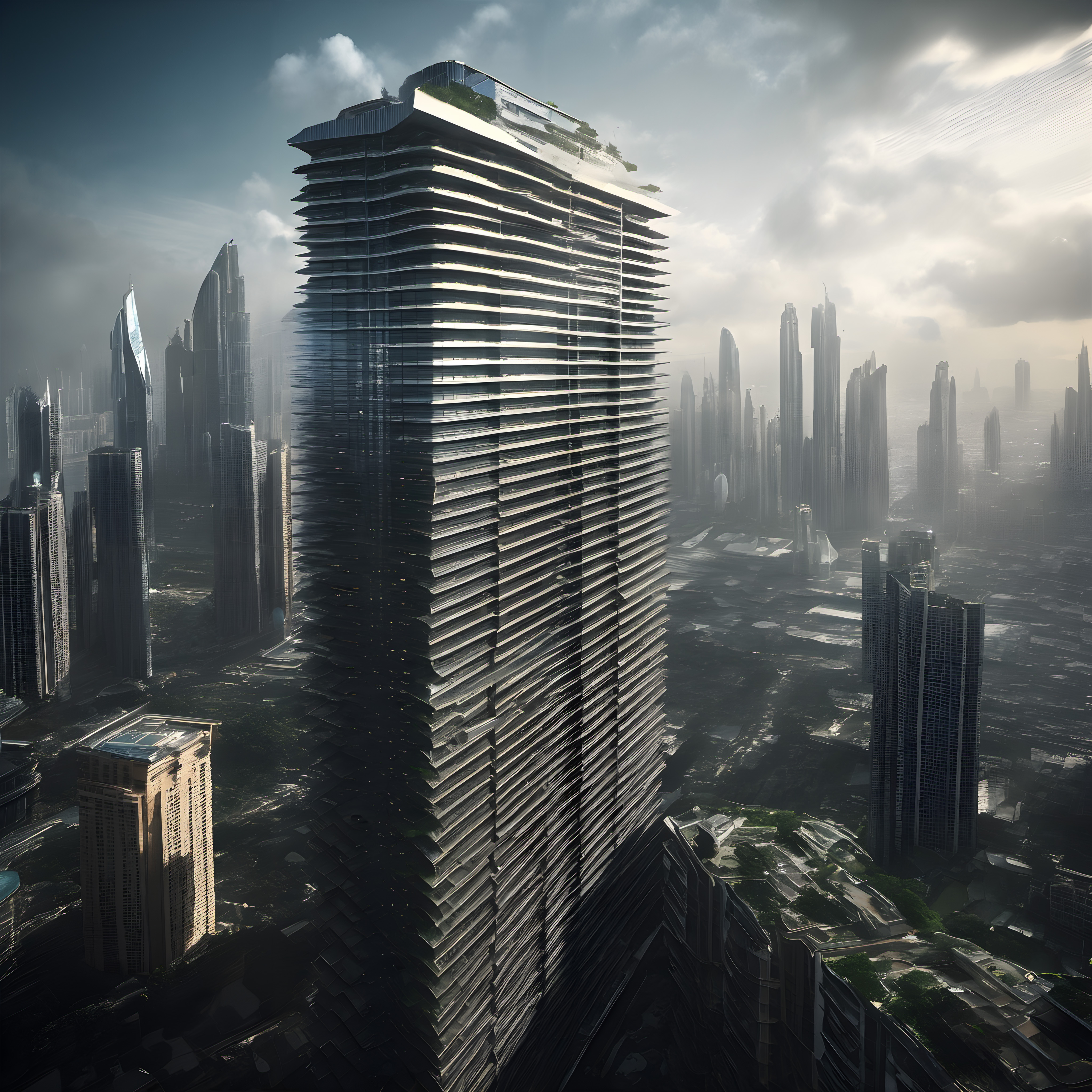 Futuristic Skyscraper with Layered Design in Modern Urban Cityscape