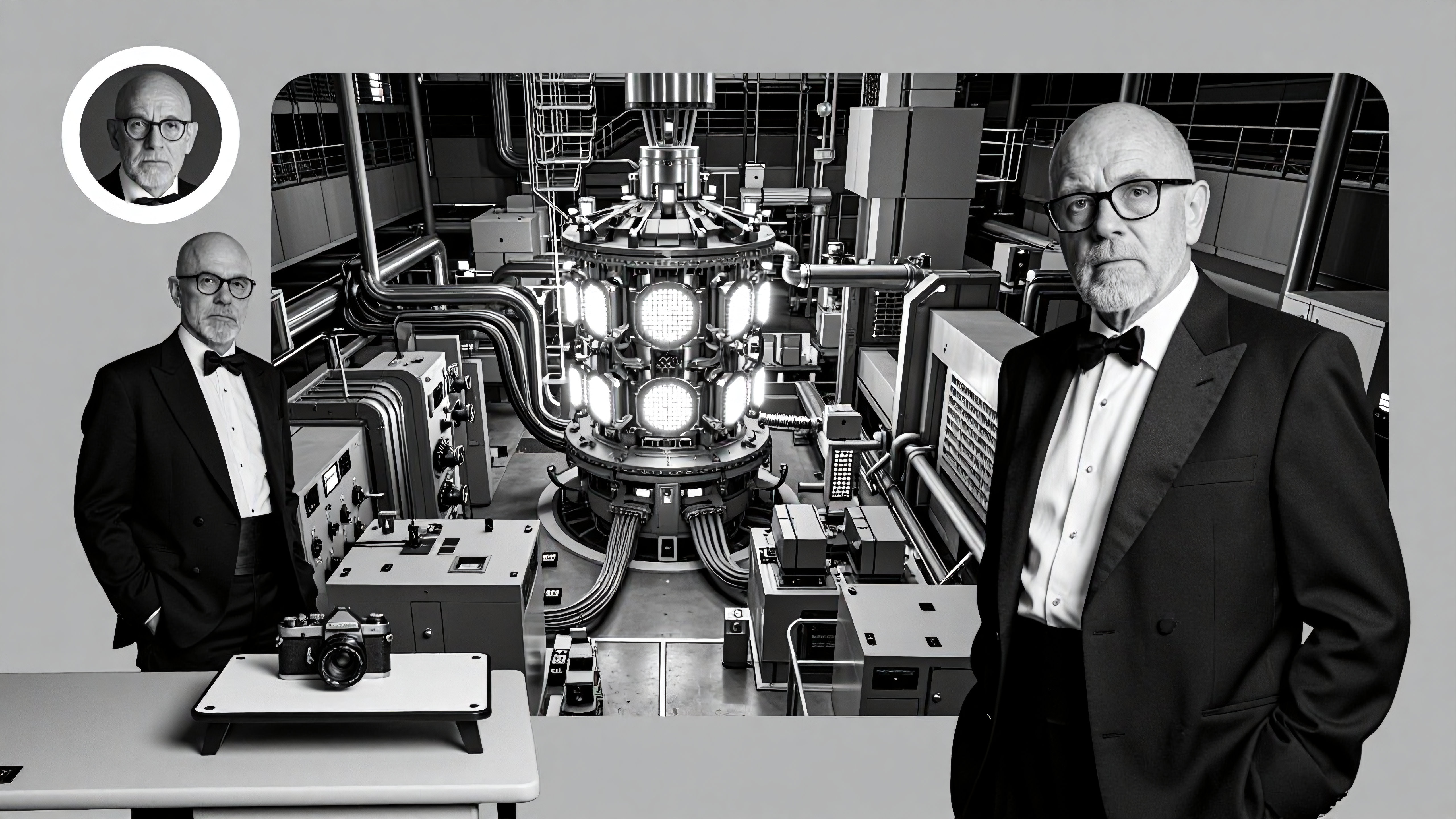 Elegant Man in Tuxedo with Particle Accelerator in Scientific Laboratory