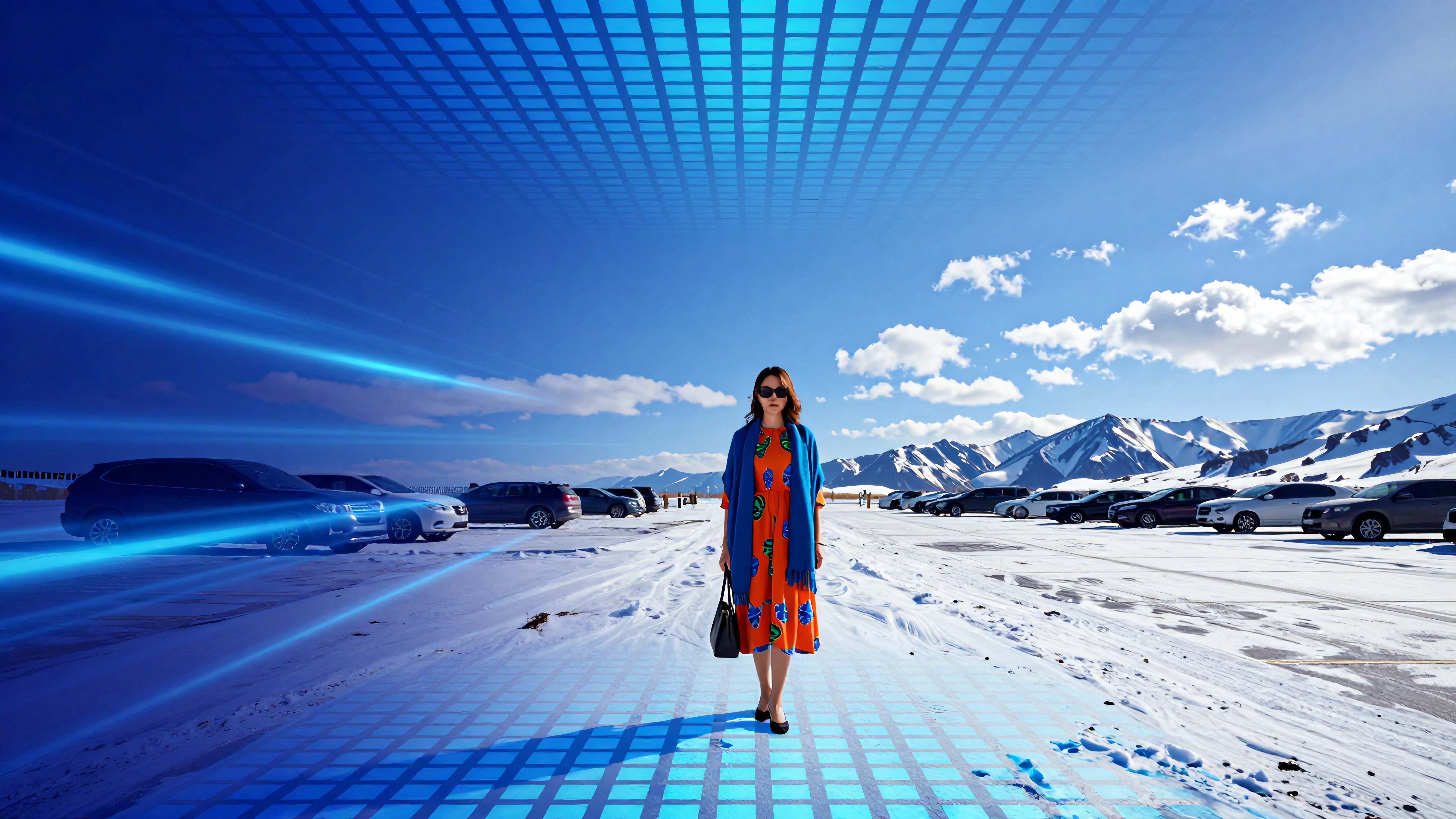 Woman in Orange Dress Walking Through Snowy Mountain Parking Lot