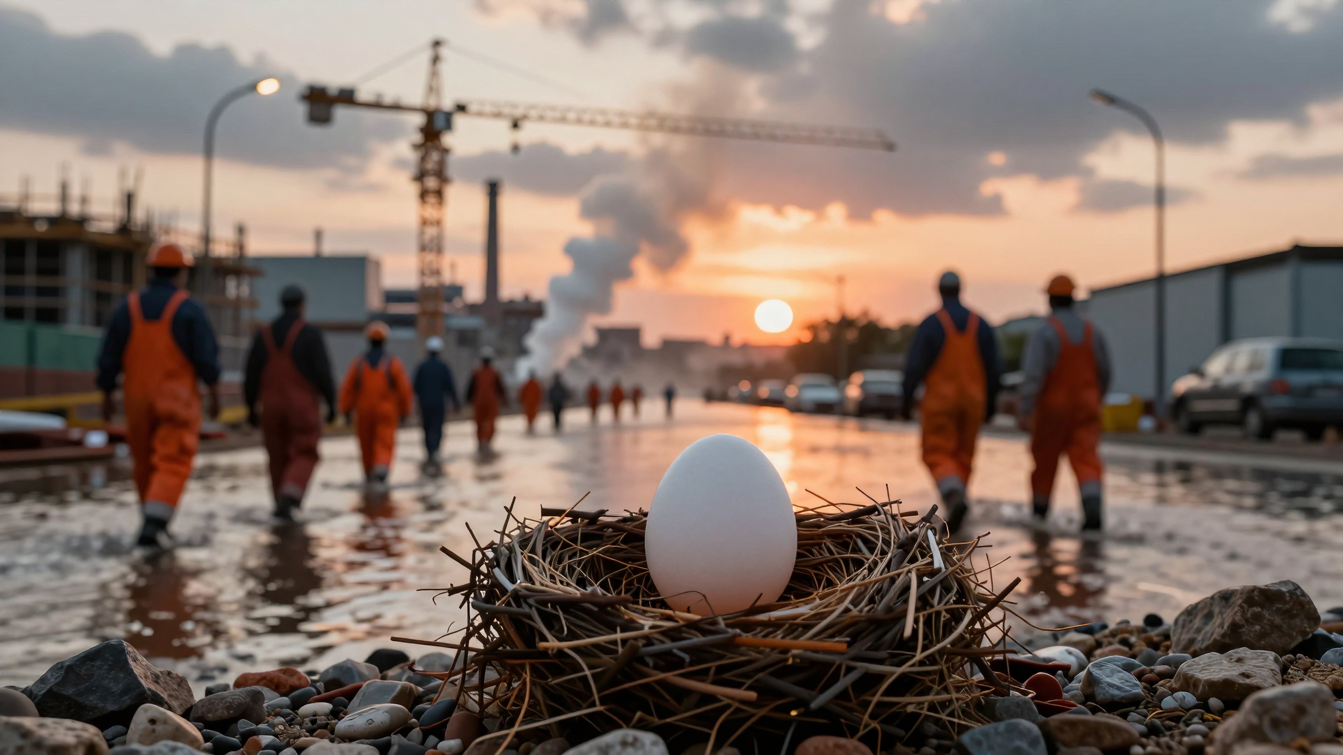 Construction workers walking toward sunset with an egg in a nest in the foreground