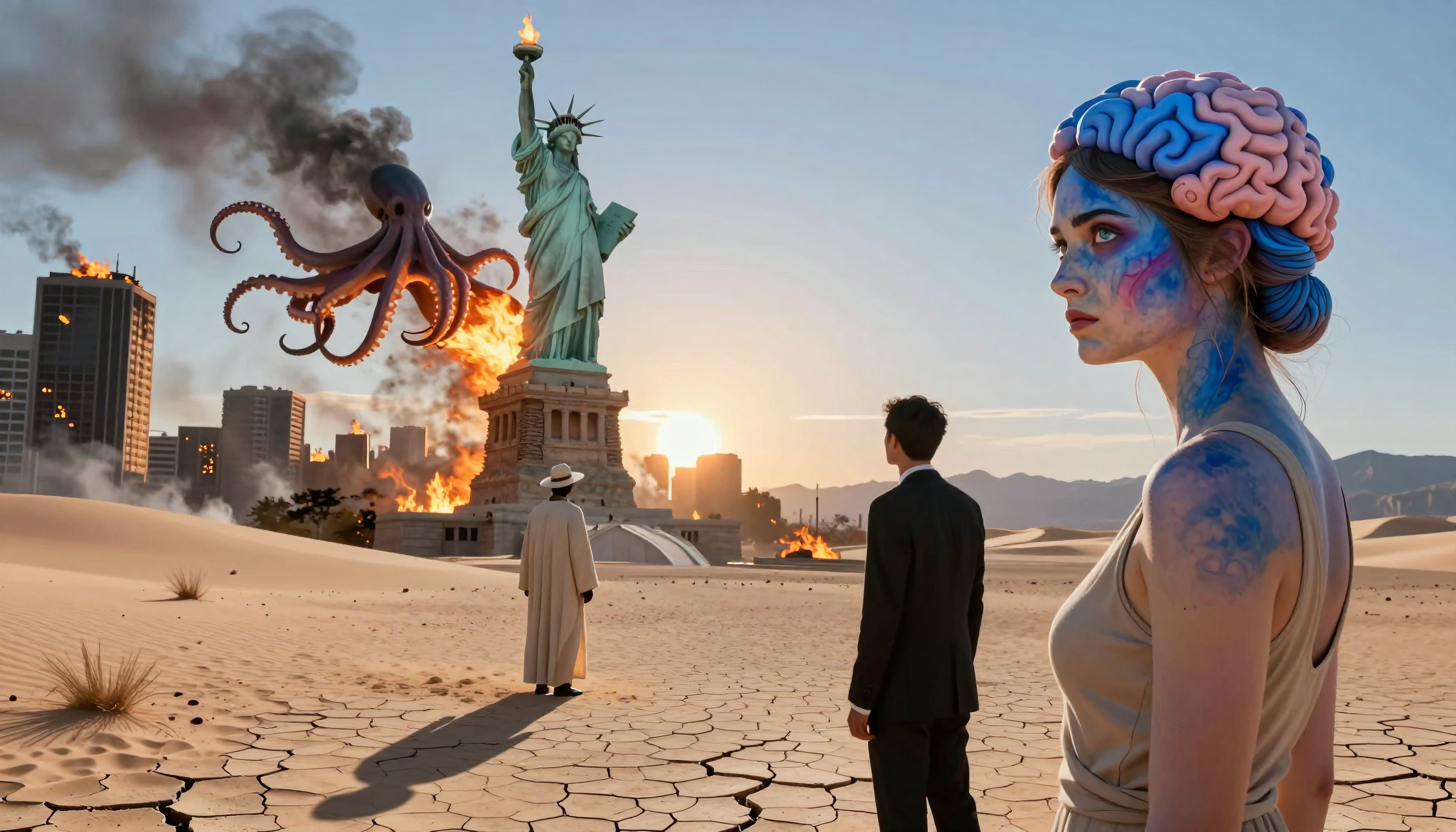 Surreal Apocalyptic Scene: Statue of Liberty Under Octopus Attack with Brain-Capped Figure