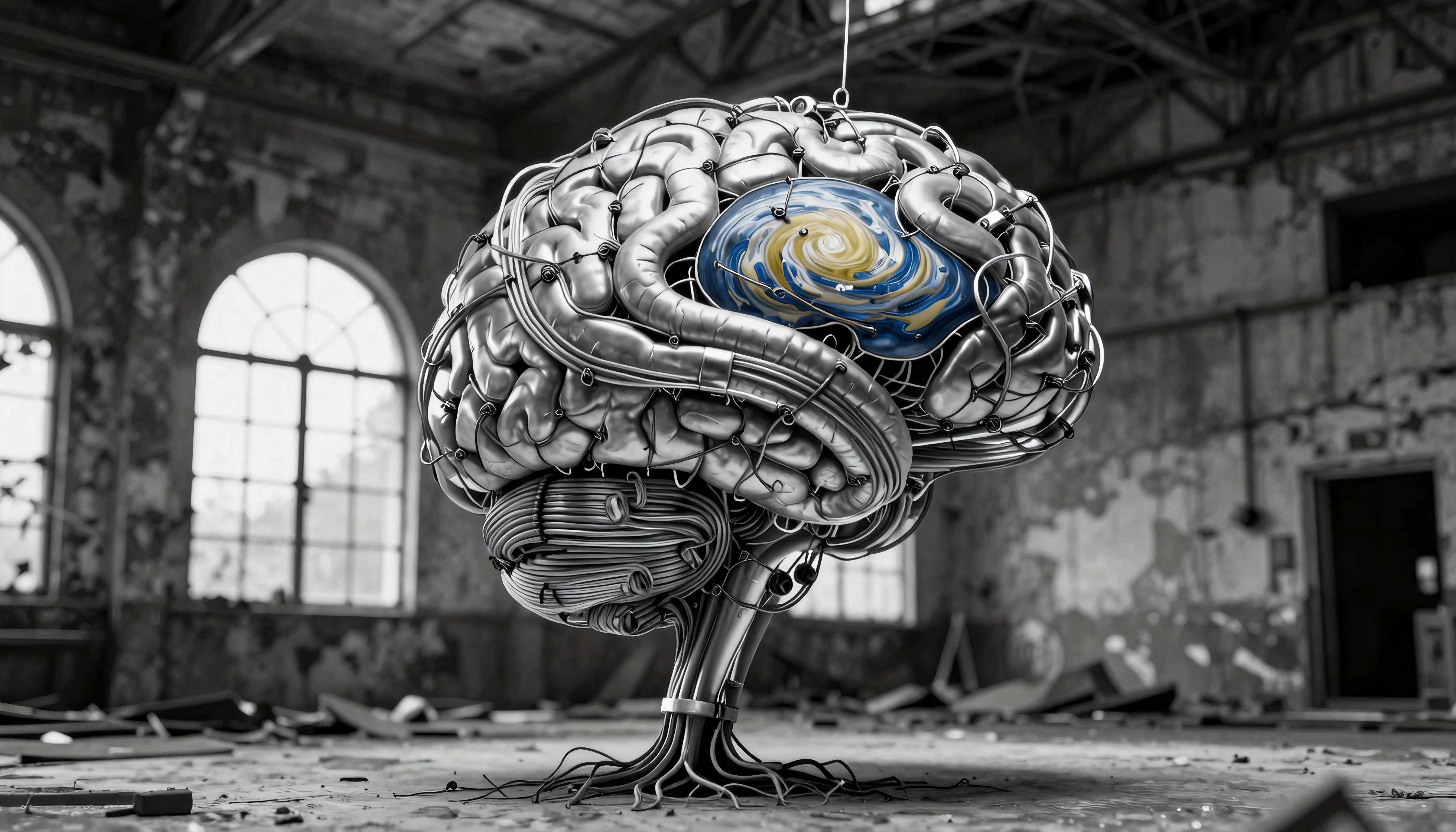 Mechanical Brain Sculpture in Abandoned Factory