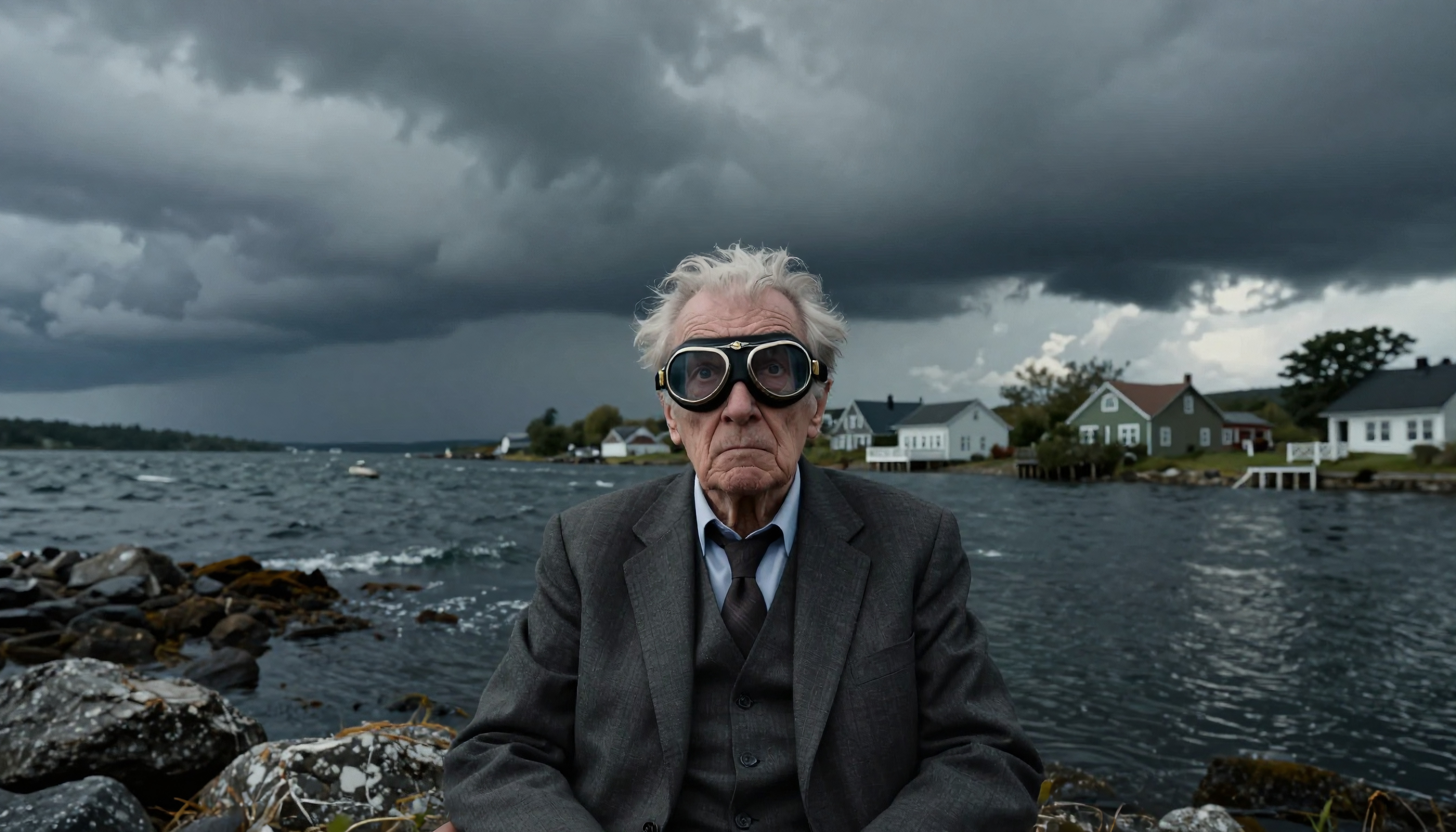 Elderly Man with Pilot Goggles on Stormy Coastal Shore