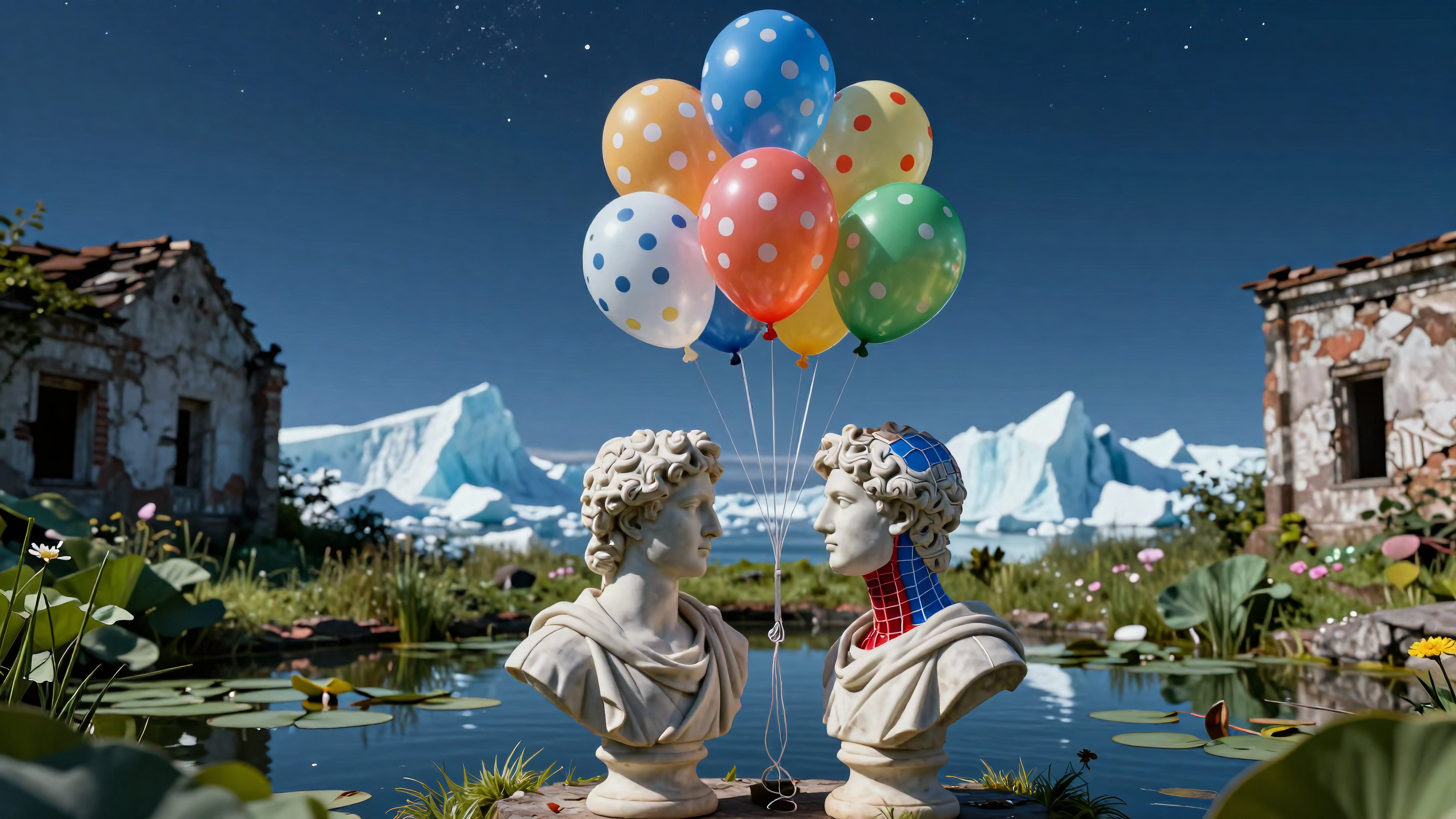 Surreal classical busts with polka dot balloons against icebergs and vintage ruins