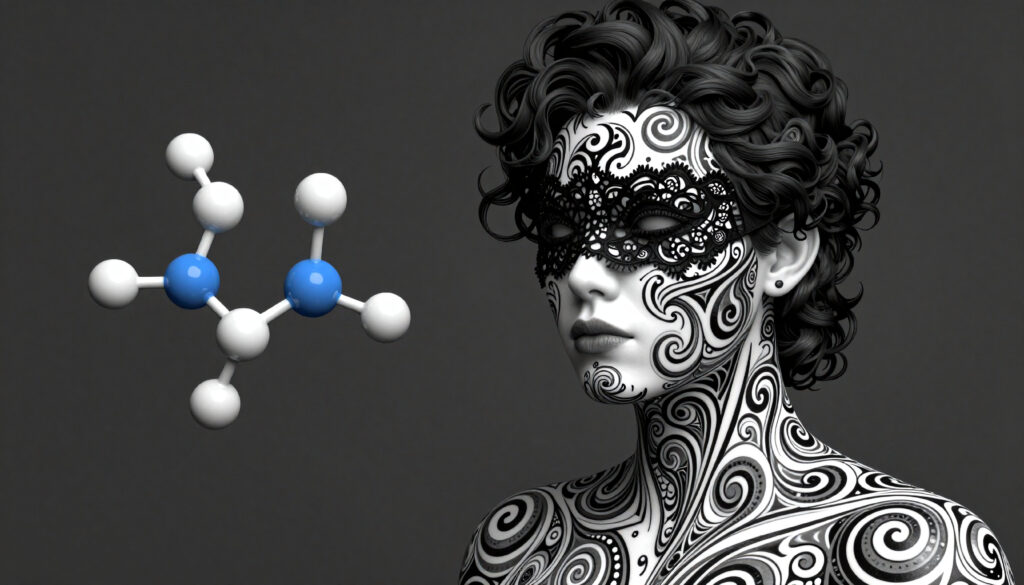 Artistic Portrait with Molecular Structure and Intricate Body Patterns