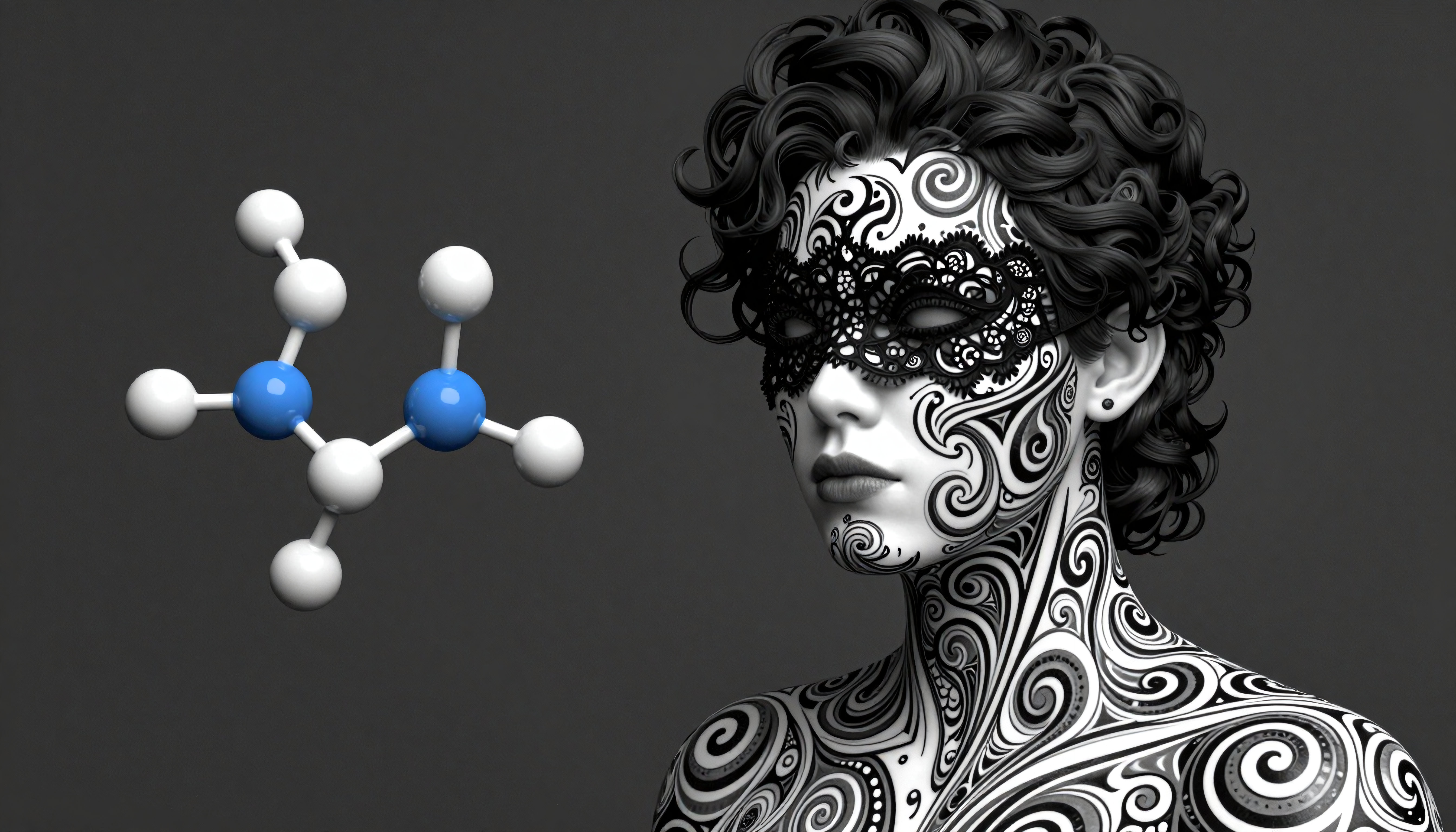 Artistic Portrait with Molecular Structure and Intricate Body Patterns