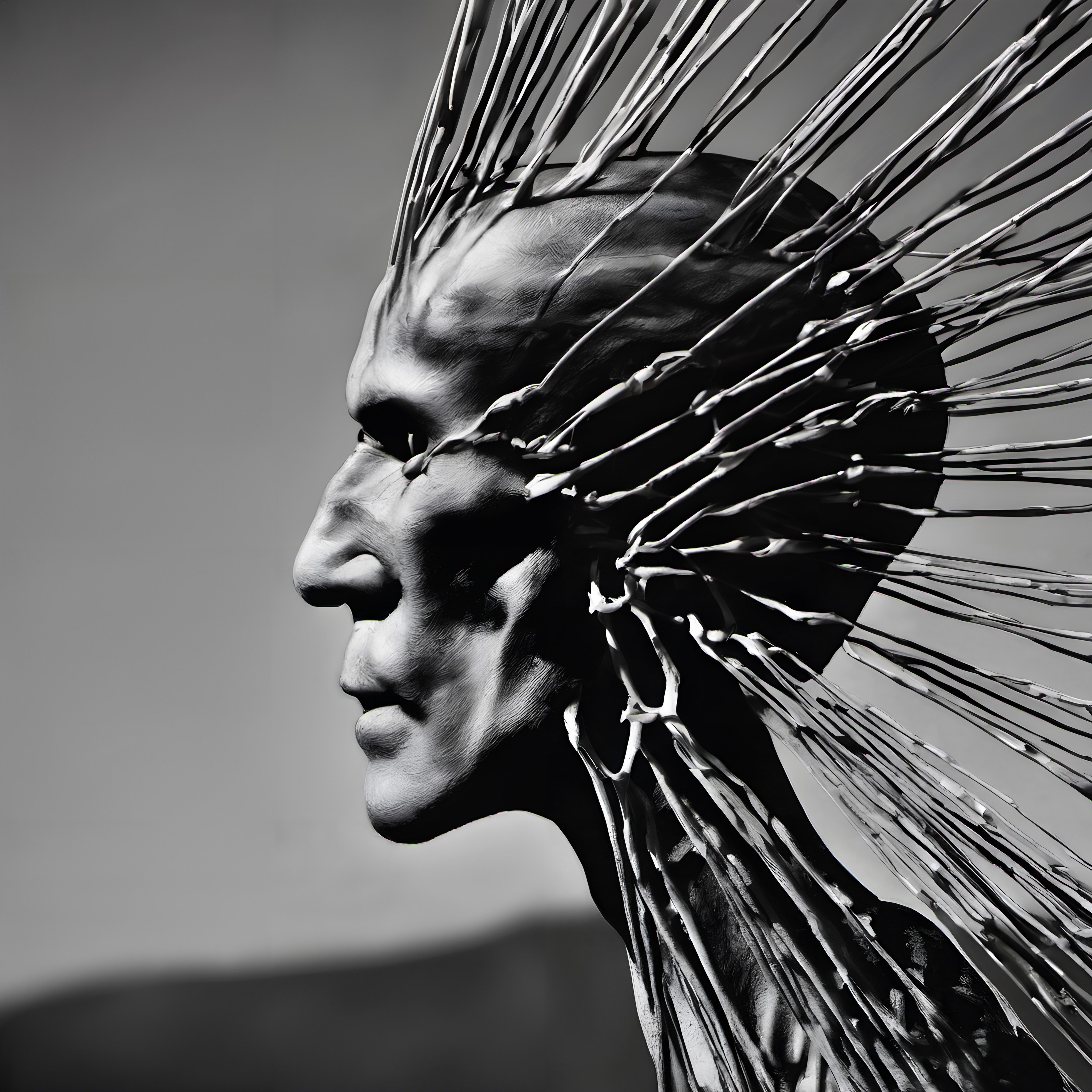 Surreal Monochrome Portrait with Branch-Like Headpiece