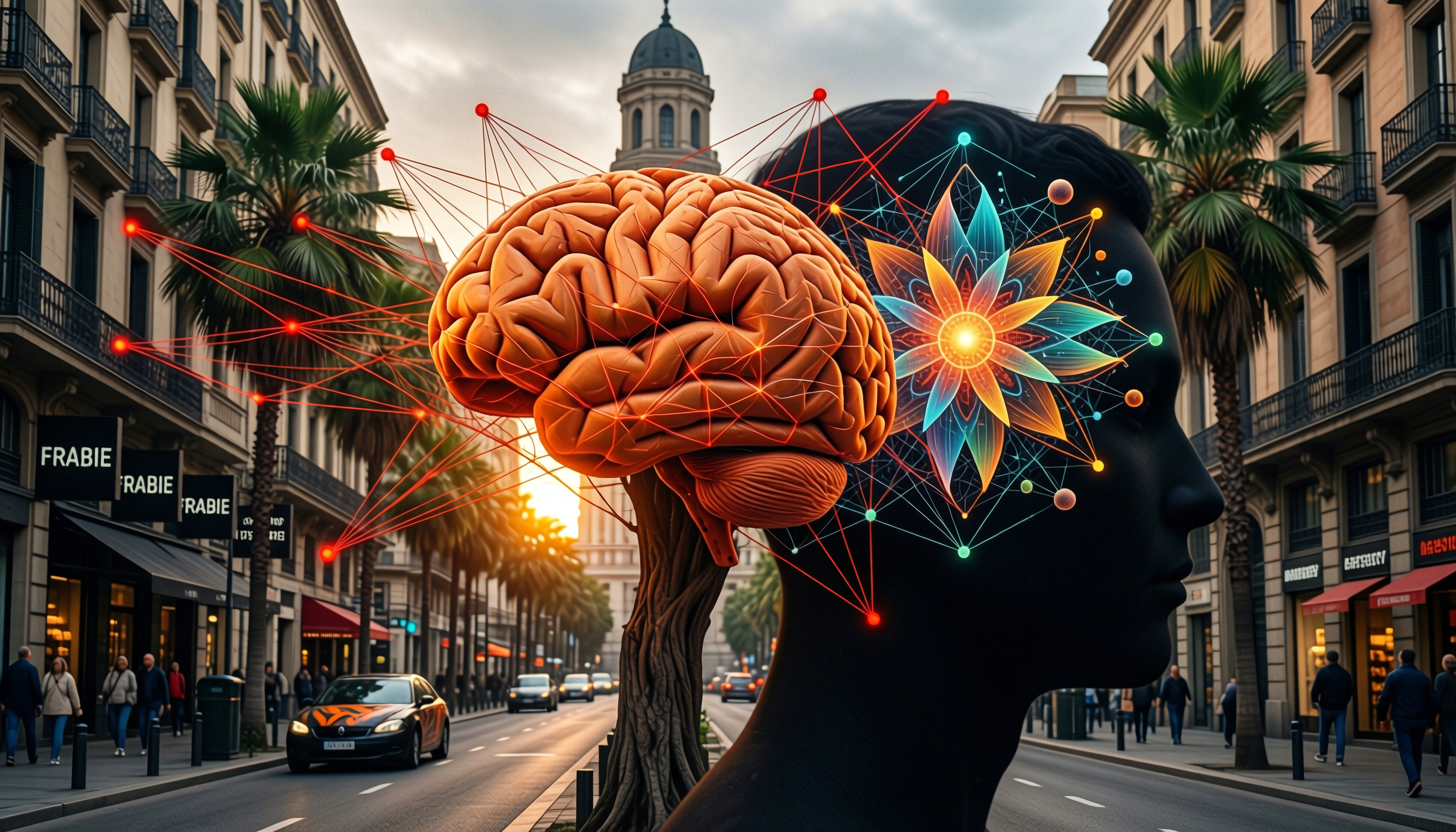 Conceptual Representation of Intelligence: Human Profile with Illuminated Brain and Urban Background