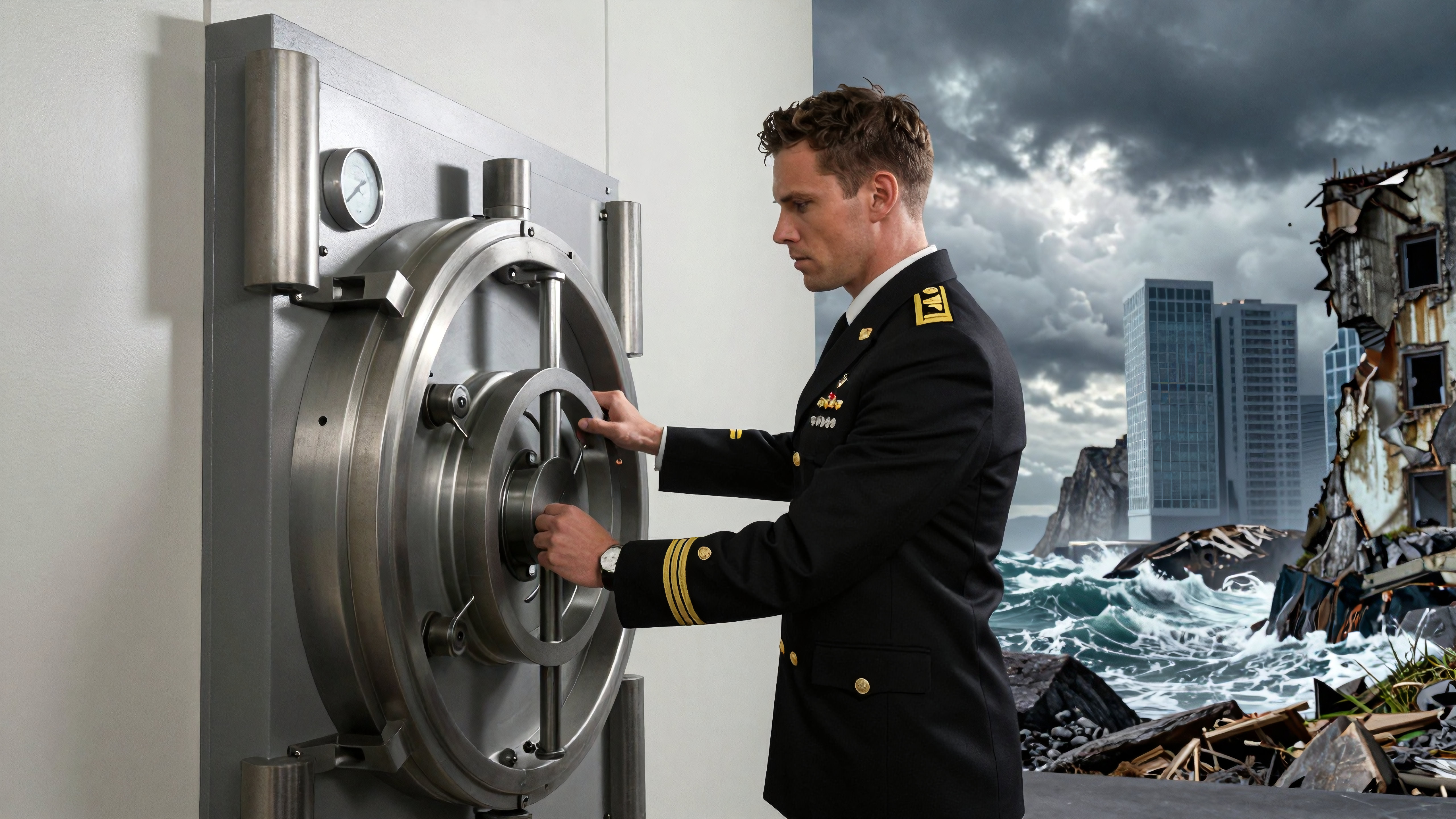 Naval officer operating secure vault door against stormy coastal cityscape