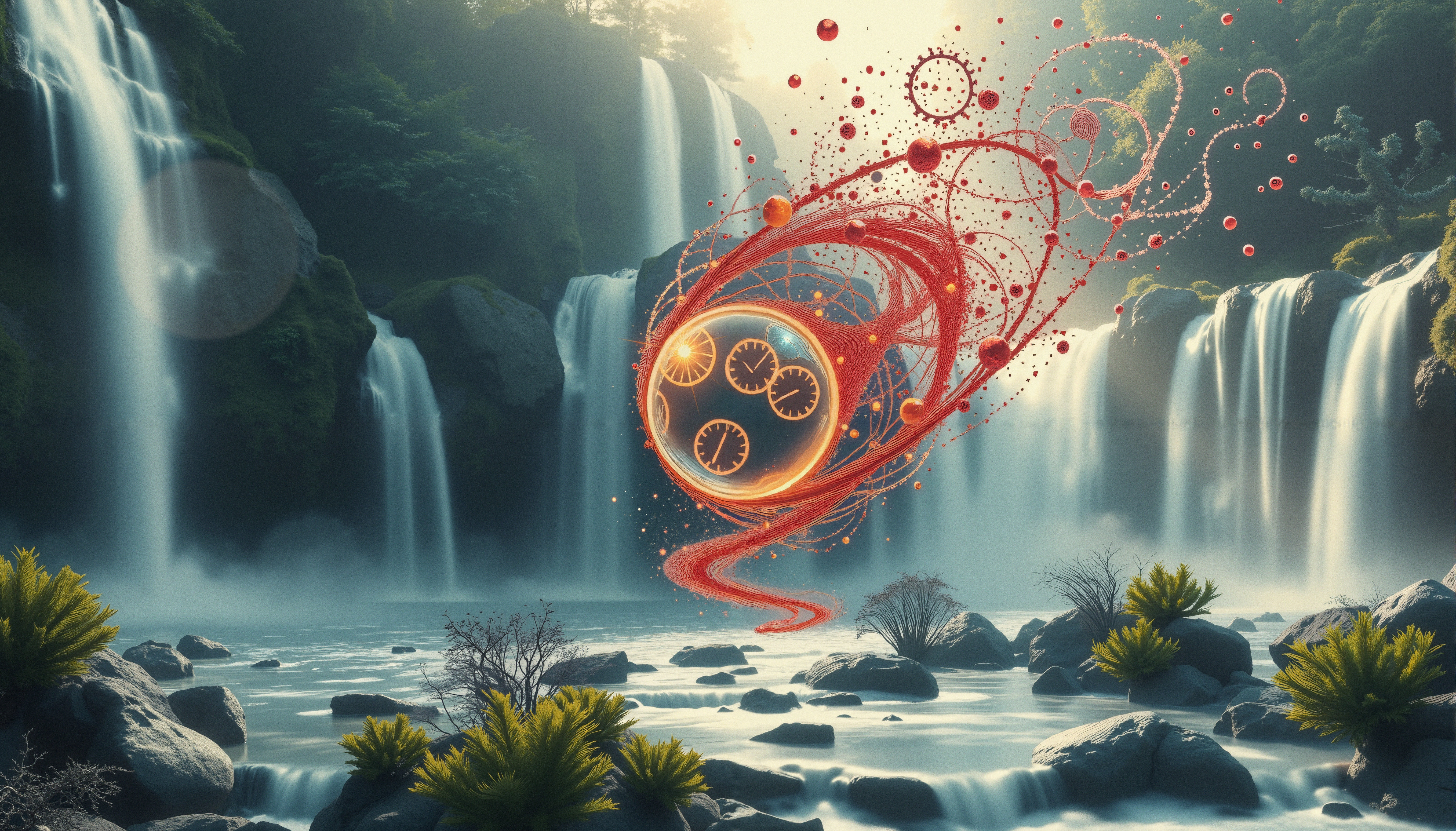 Surreal Time Lapse Waterfall with Glowing Clocks and Red Swirls in Forest