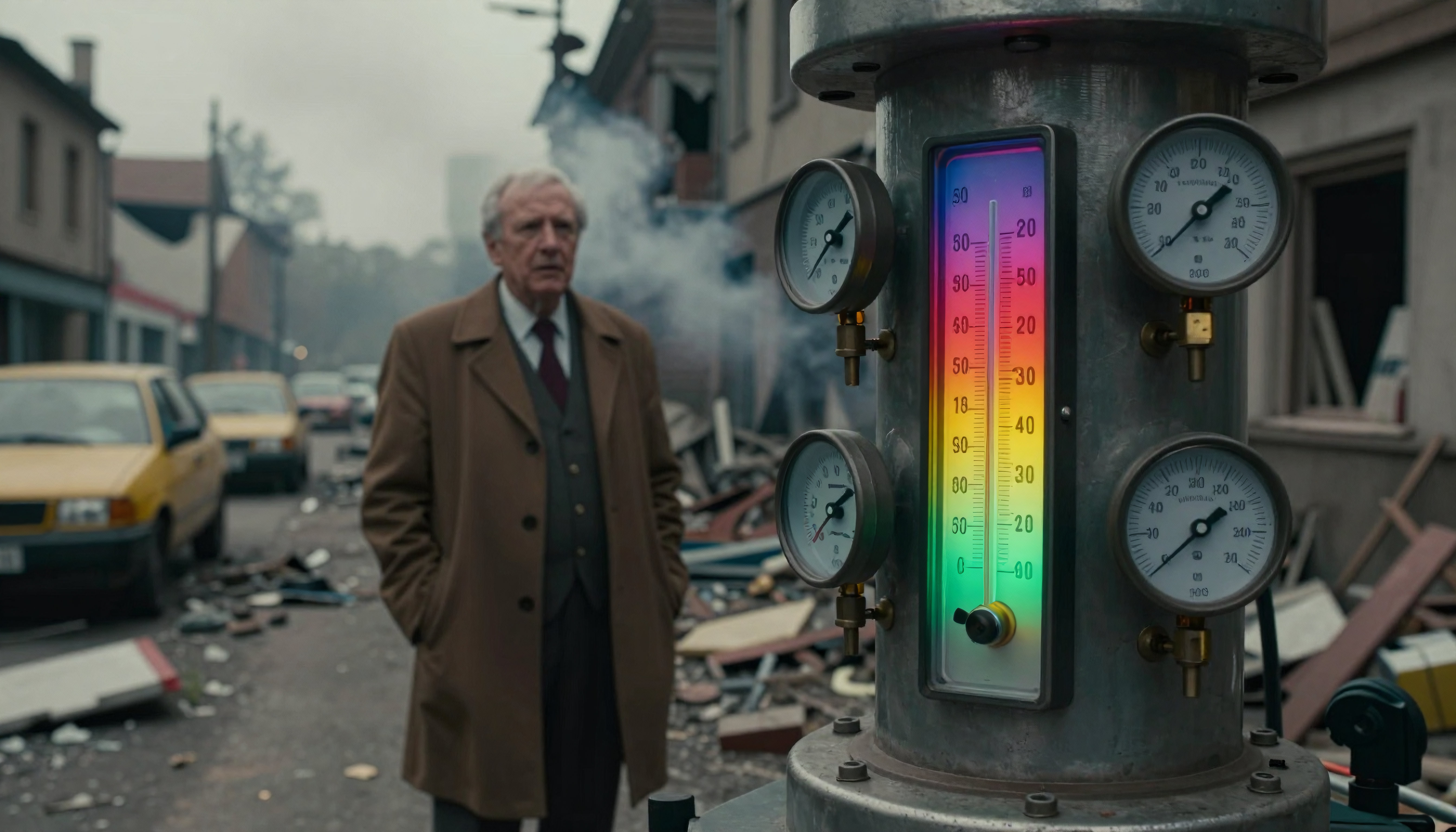 Man in Trench Coat Standing Amidst Ruined Street with Industrial Gauge