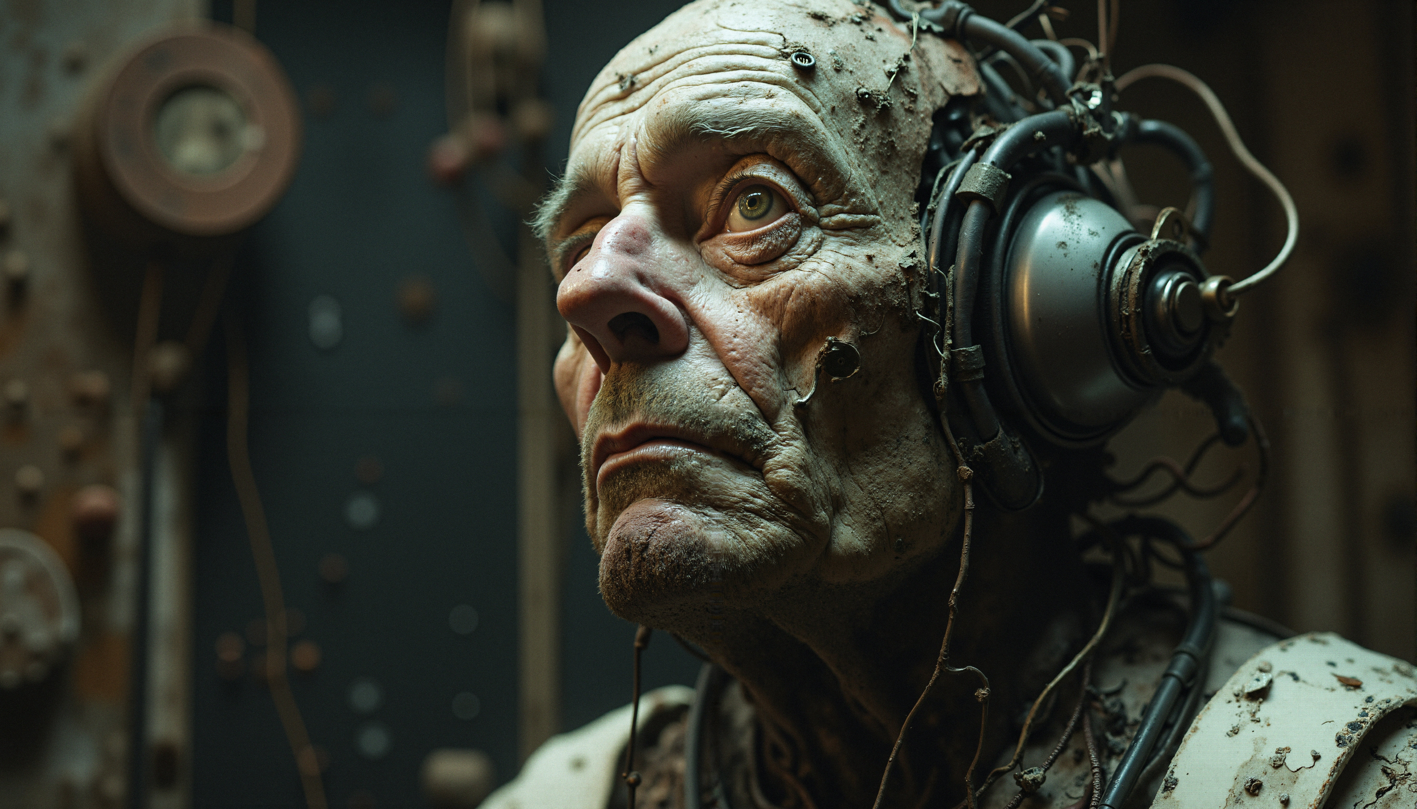 Cybernetically Augmented Elderly Figure in Industrial Workshop Setting