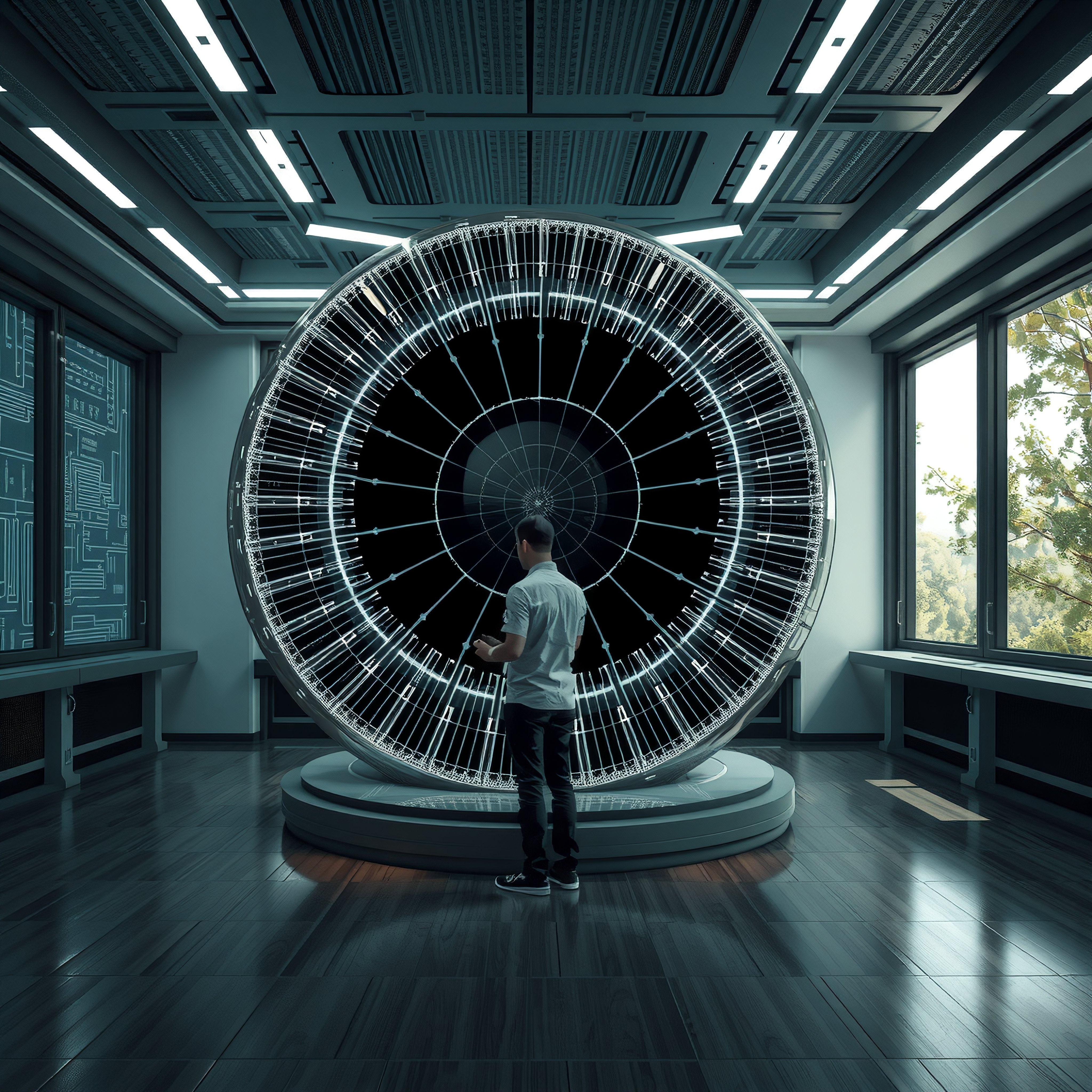 Person interacting with futuristic spherical interface in high-tech control room