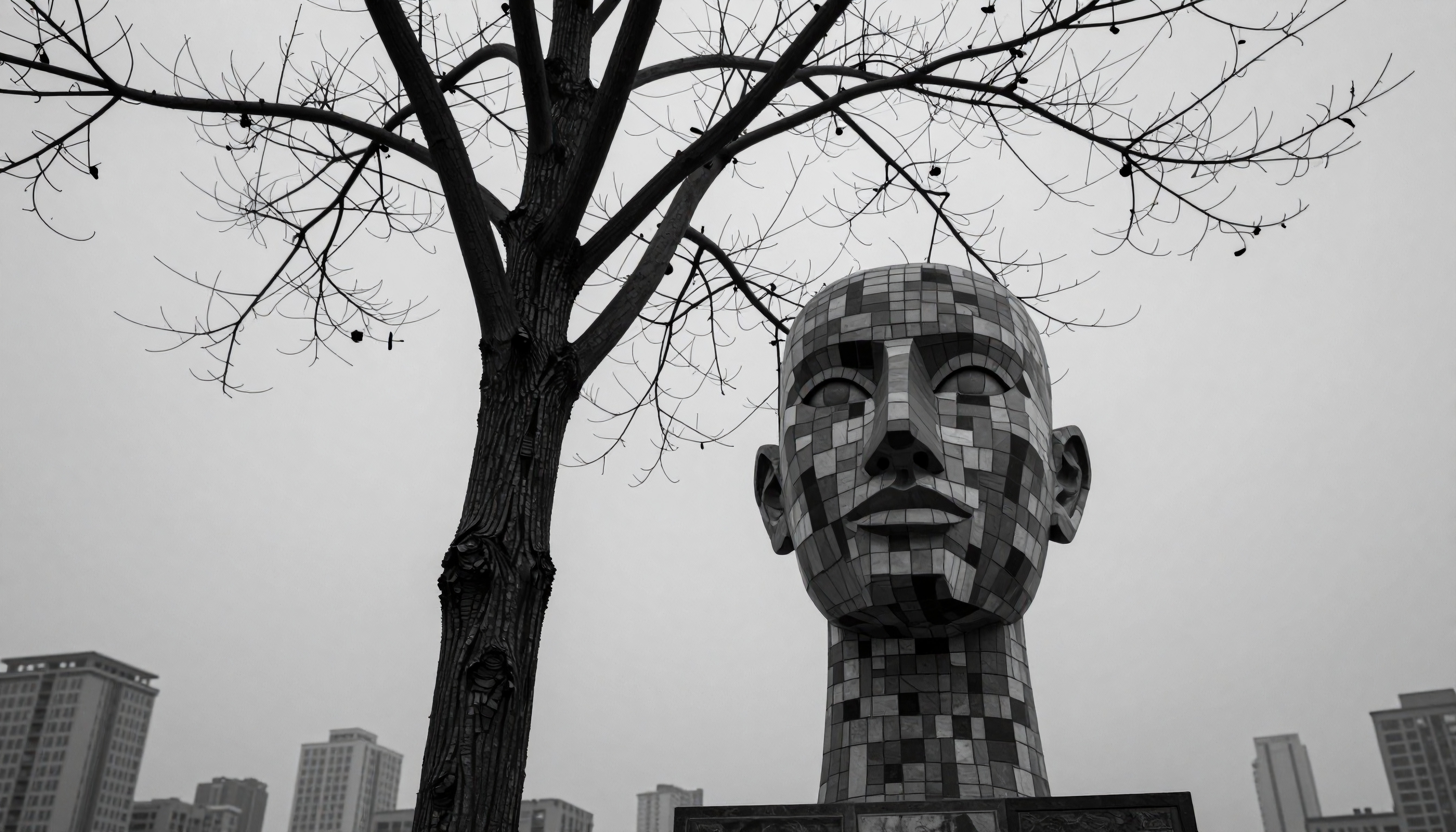 Mosaic Head Sculpture in Urban Cityscape - Black and White Photography