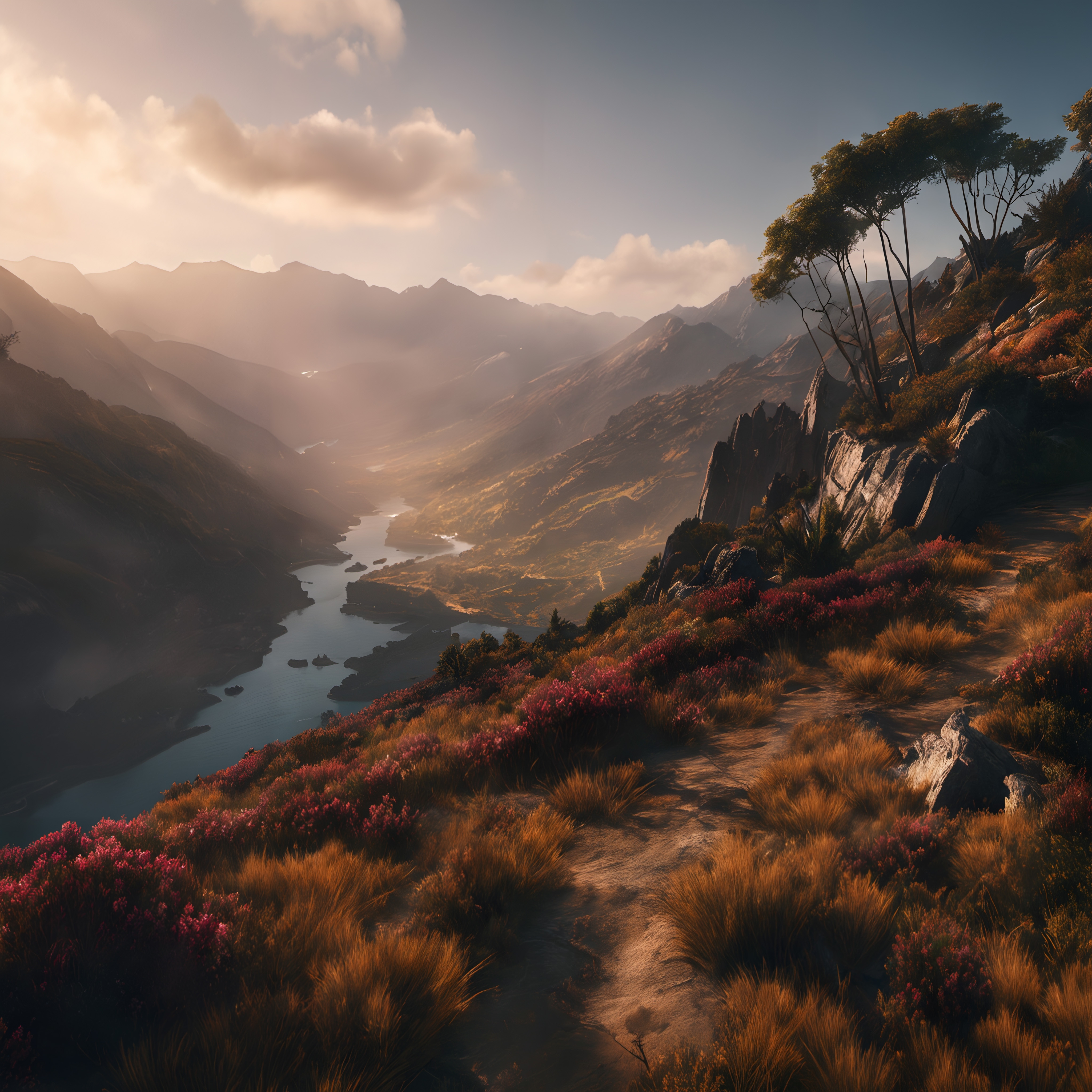 Mountain Valley Sunrise with River and Wildflowers