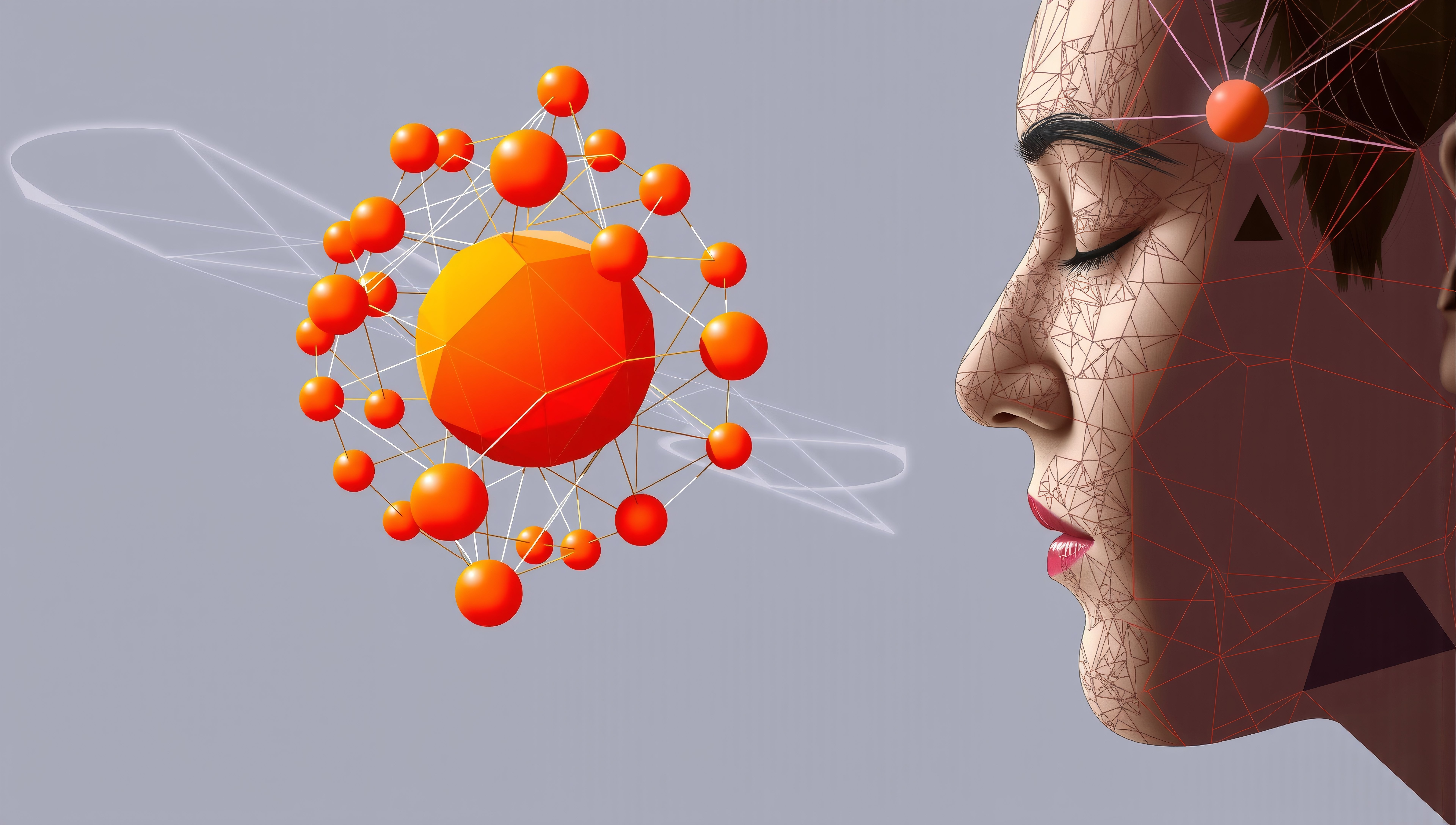 Stylized Profile with Geometric Wireframe and Orange Molecular Structure