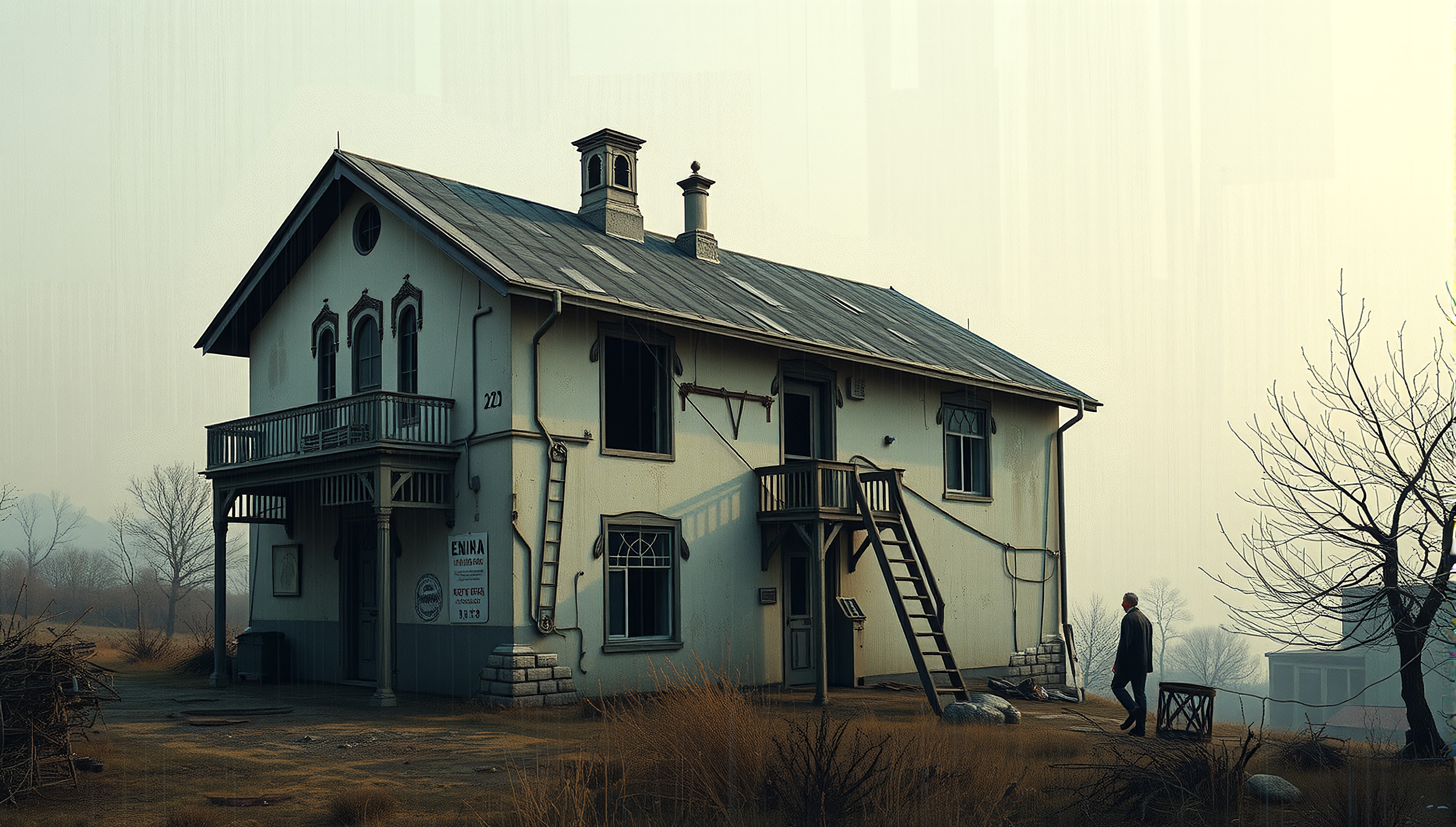 Abandoned House with Walking Man in Misty Rural Setting