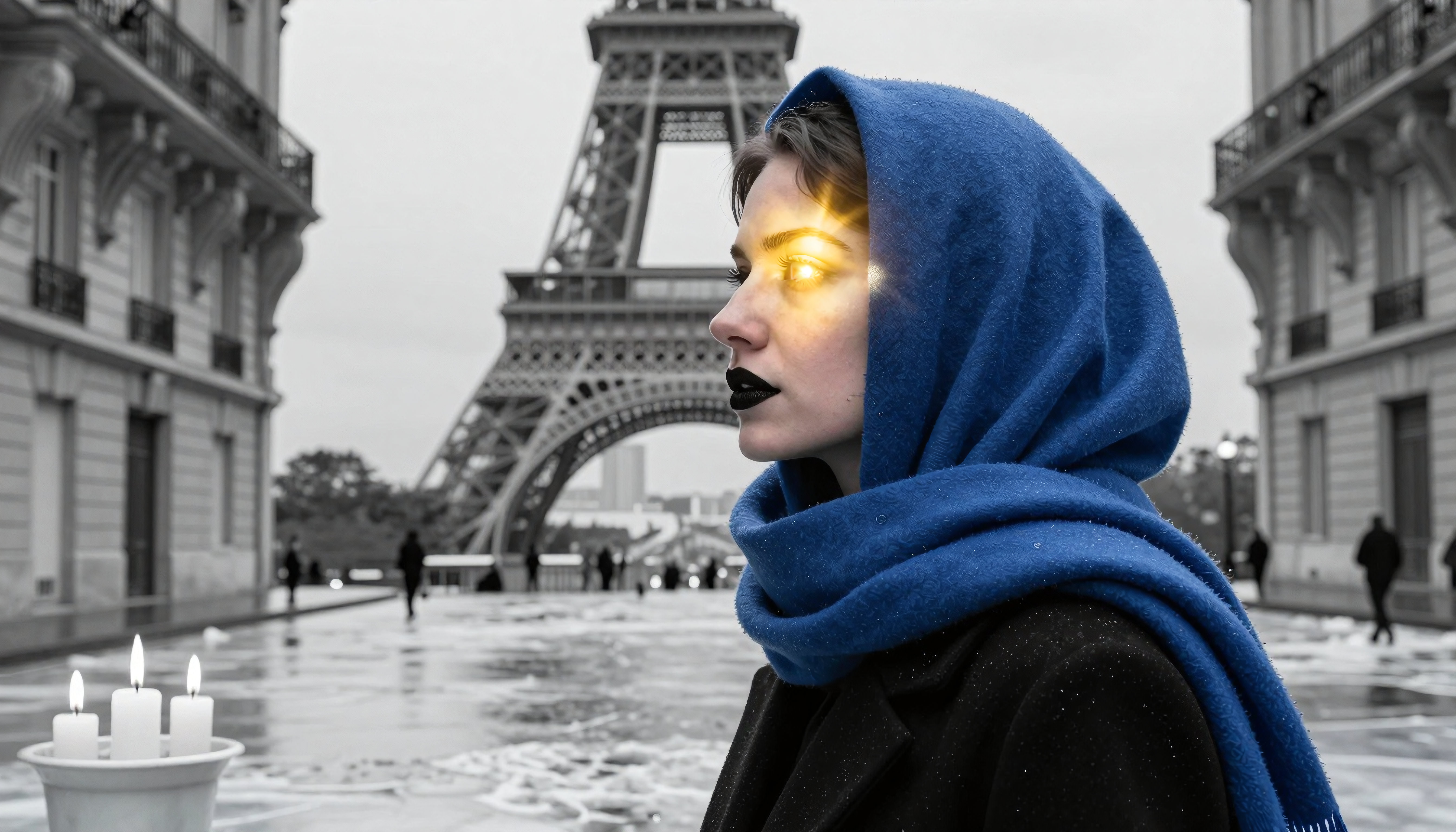 Winter Parisian Scene with Blue Hooded Figure and Eiffel Tower