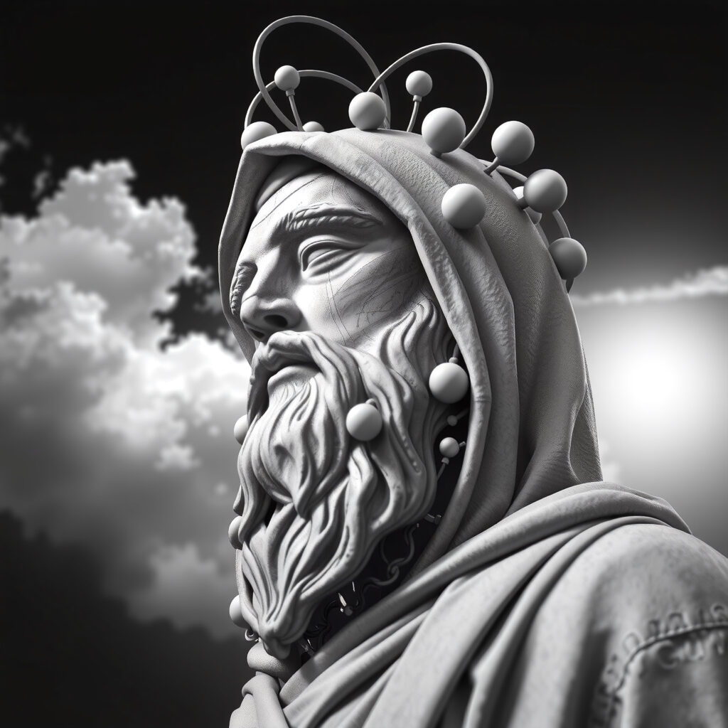 Hooded Sculpture with Orb Crown Against Dramatic Cloudscape