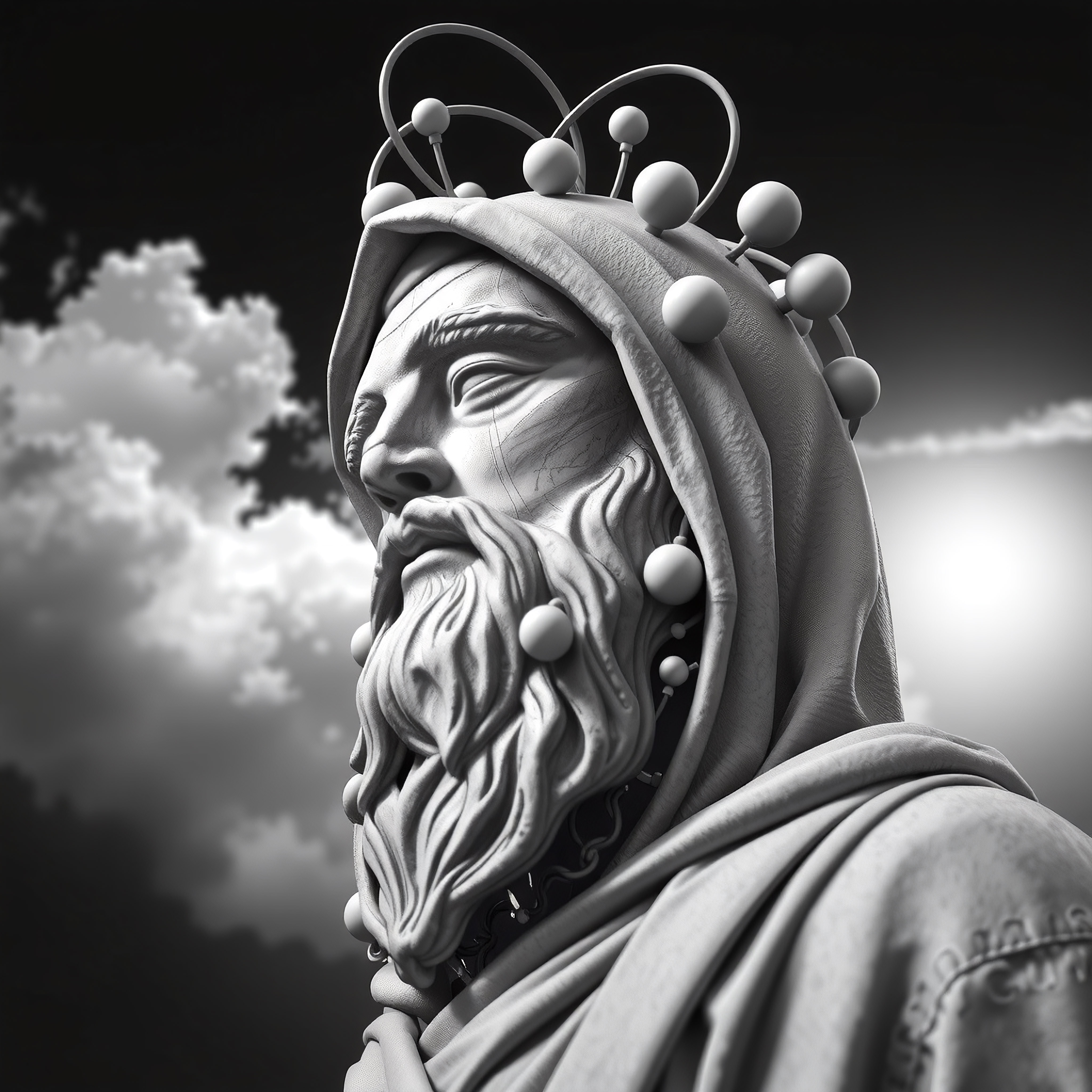 Hooded Sculpture with Orb Crown Against Dramatic Cloudscape