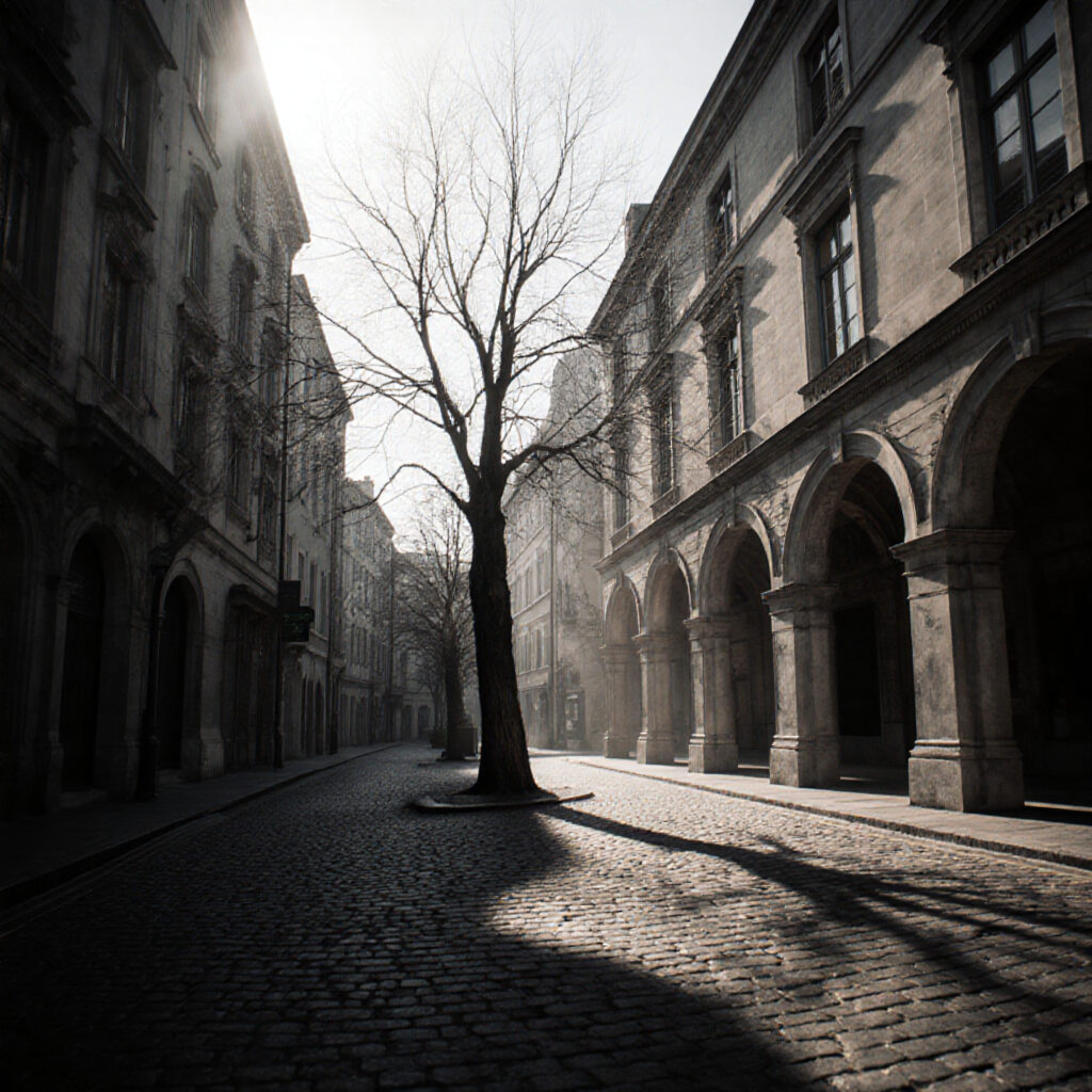 Historic European Street Scene with Sunlight Through Bare Tree Branches