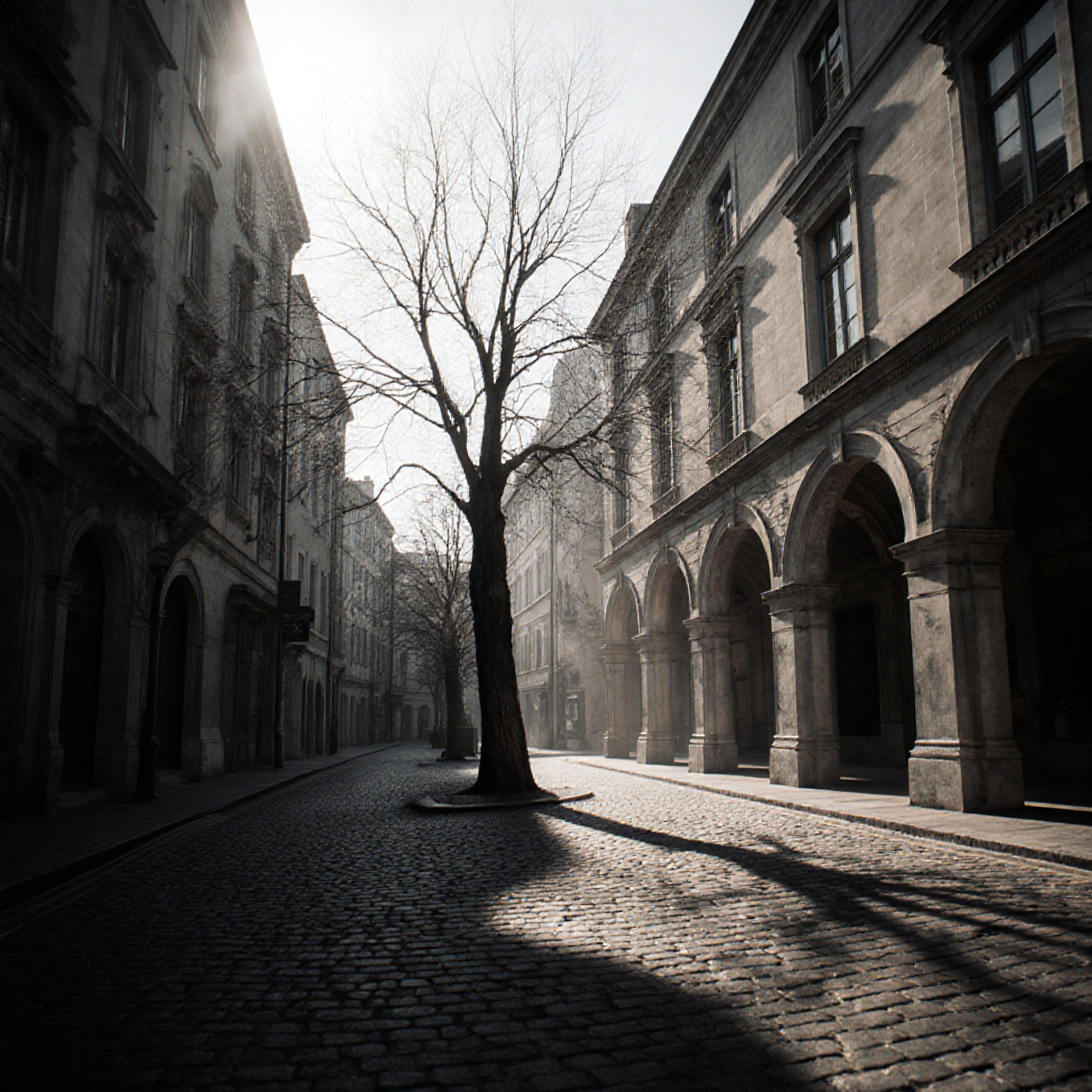 Historic European Street Scene with Sunlight Through Bare Tree Branches