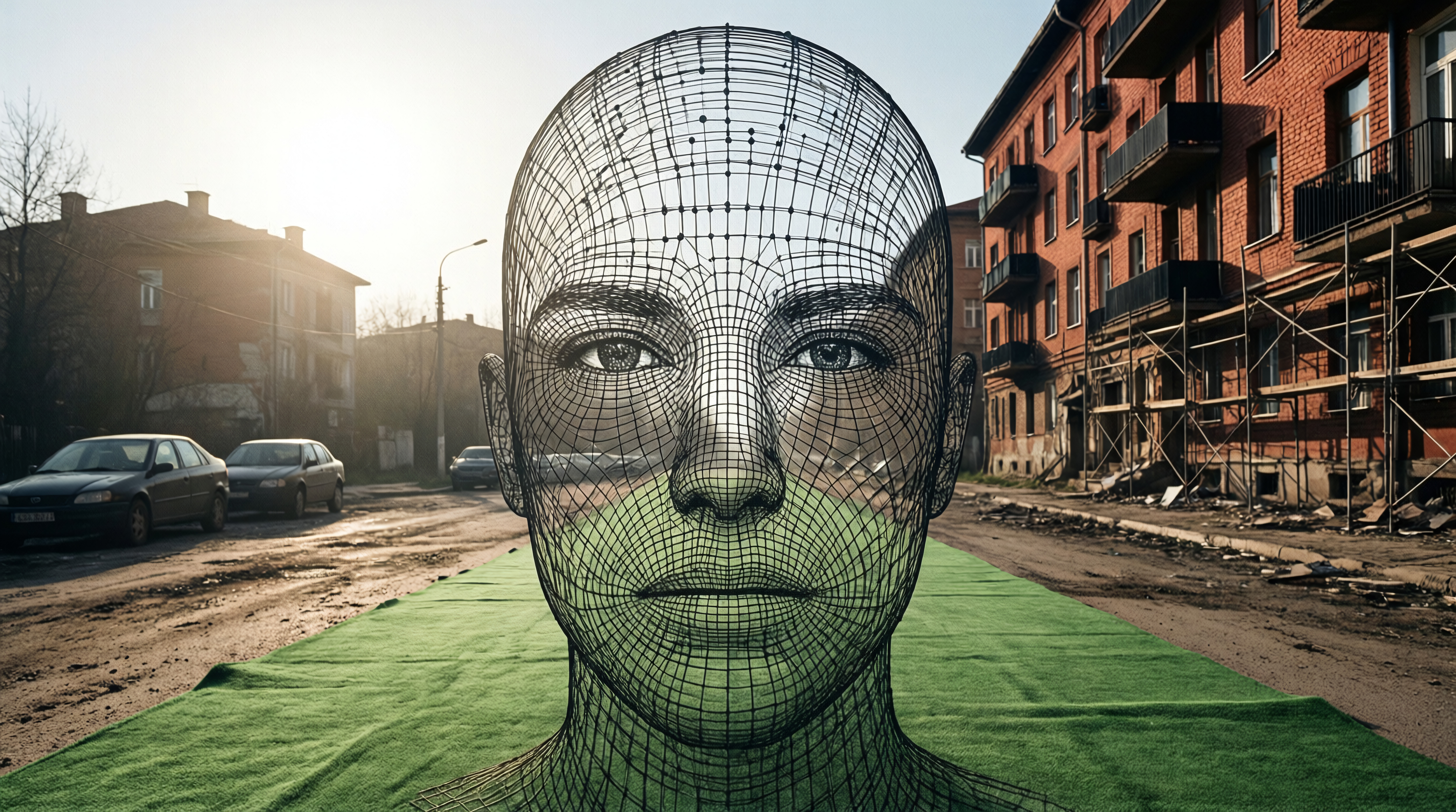 Wireframe Human Head in Urban Street Scene