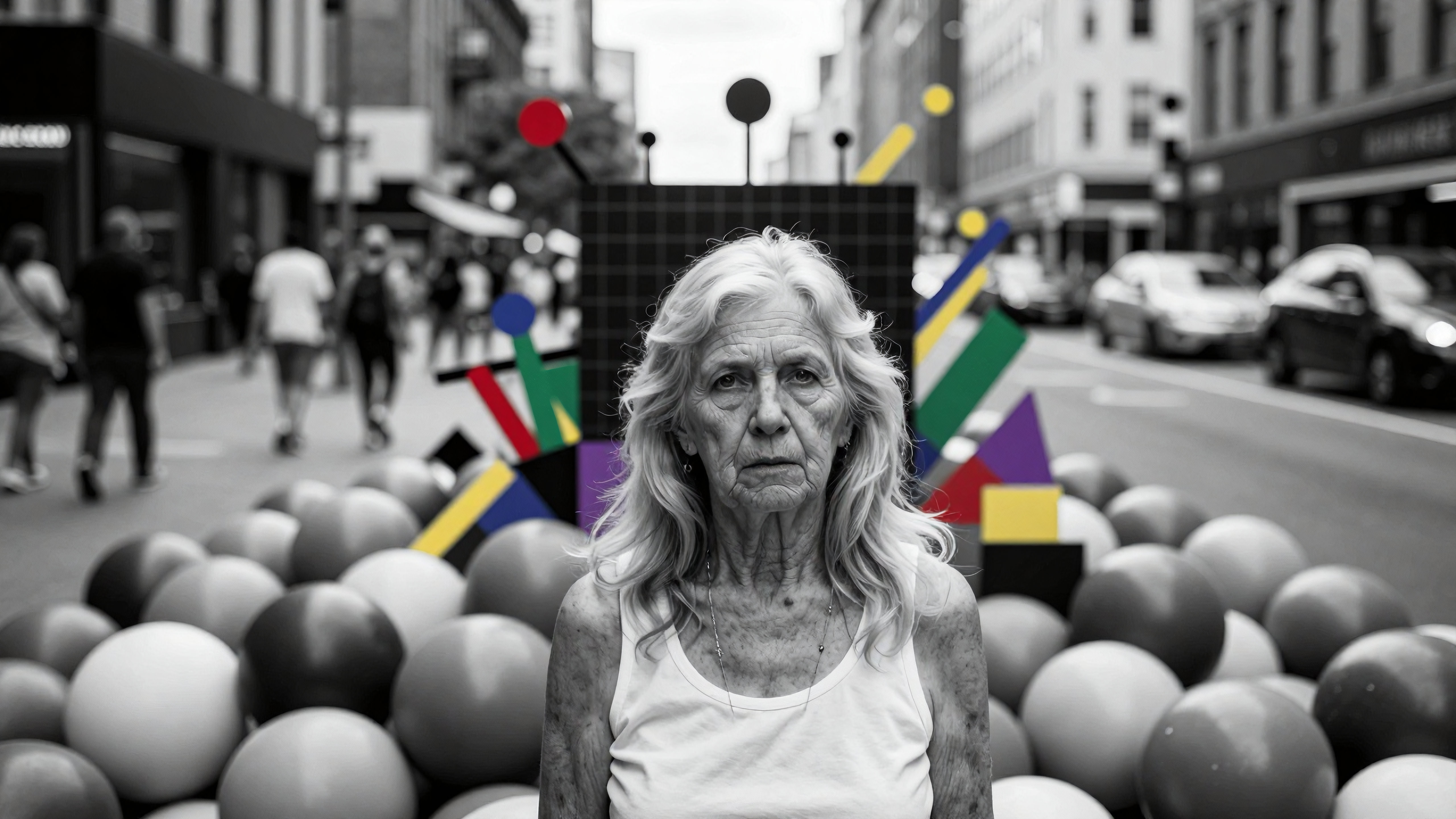 Elderly woman amid urban street art installation with vibrant geometric accents