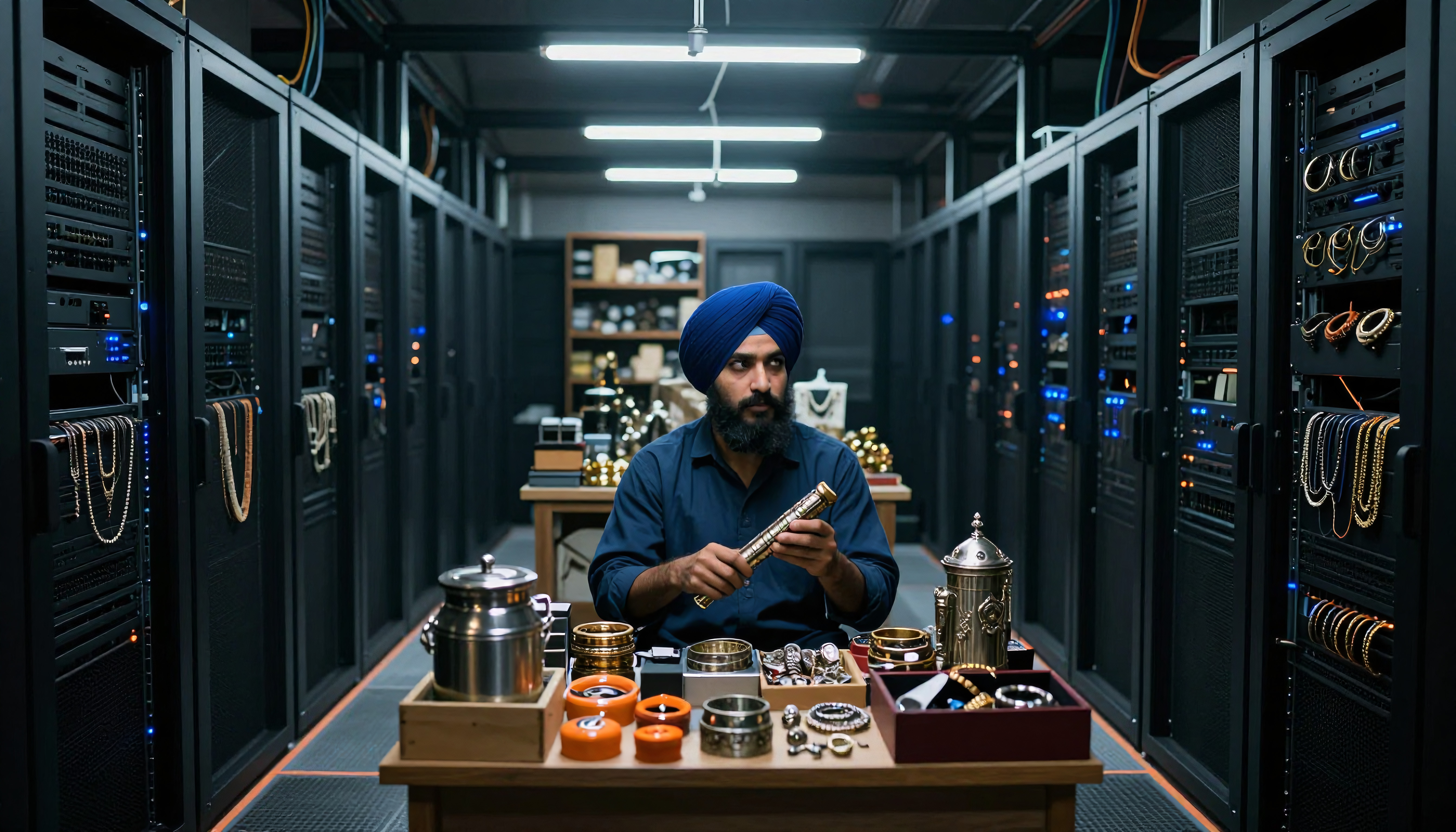 Jeweler in Tech Server Room with Precious Metals and Electronic Racks