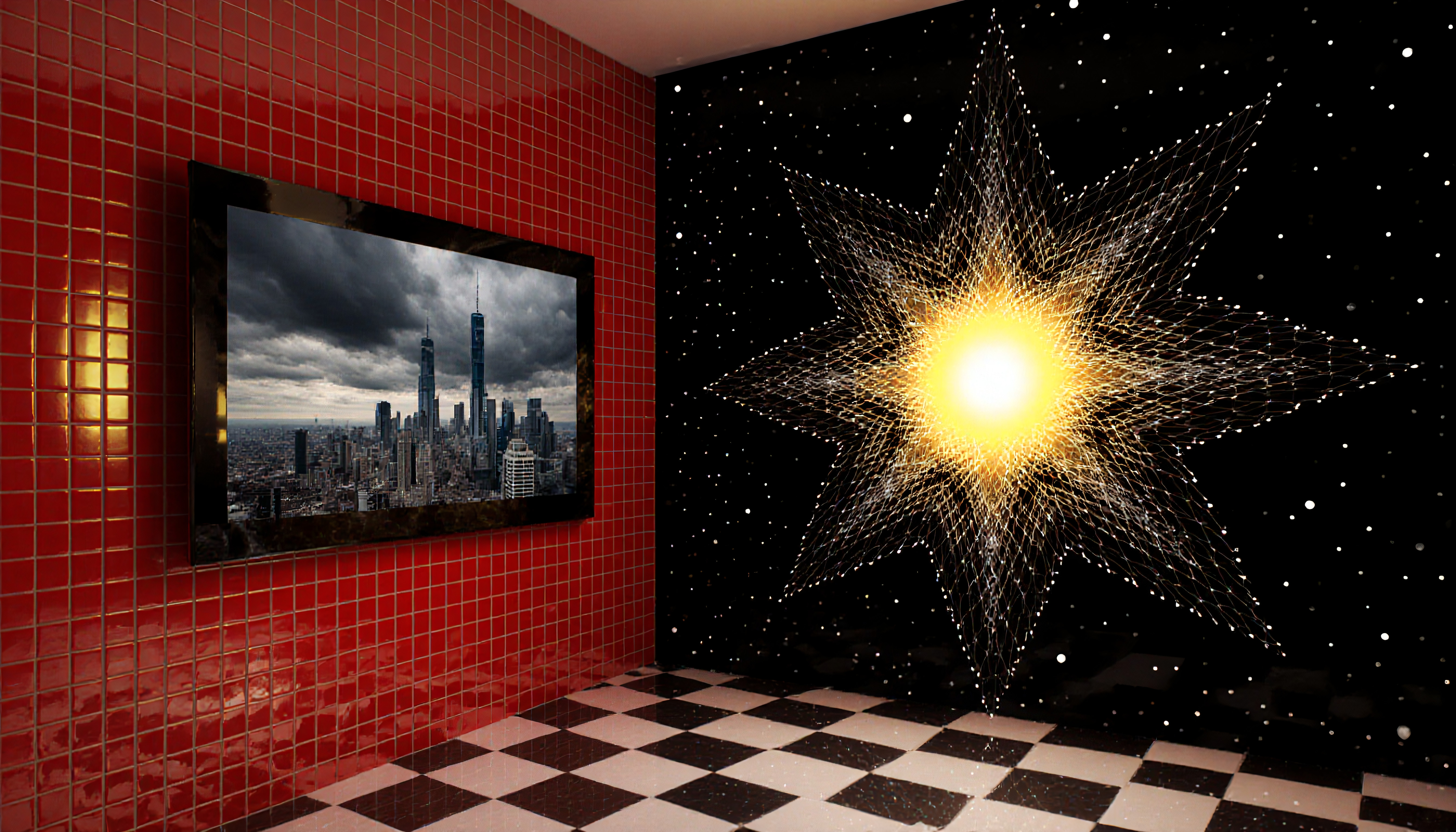 Modern Interior with Urban Cityscape and Starlight Wall Art